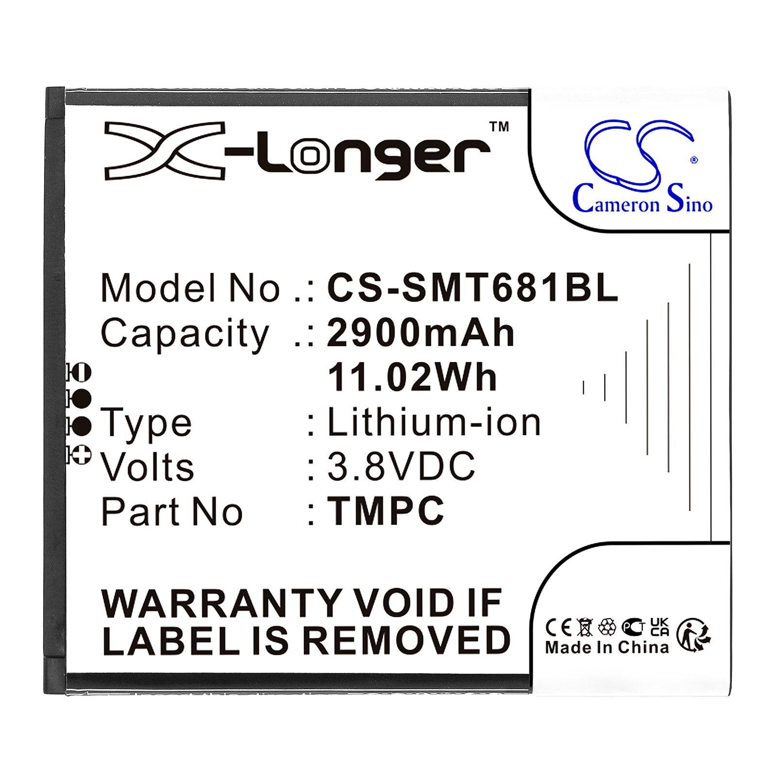 Li-ion, Payment Terminal Battery fits Sunni P2 Lite Se, T6810, 3.8V, 2900mAh Payment Terminal Cameron Sino Technology Limited