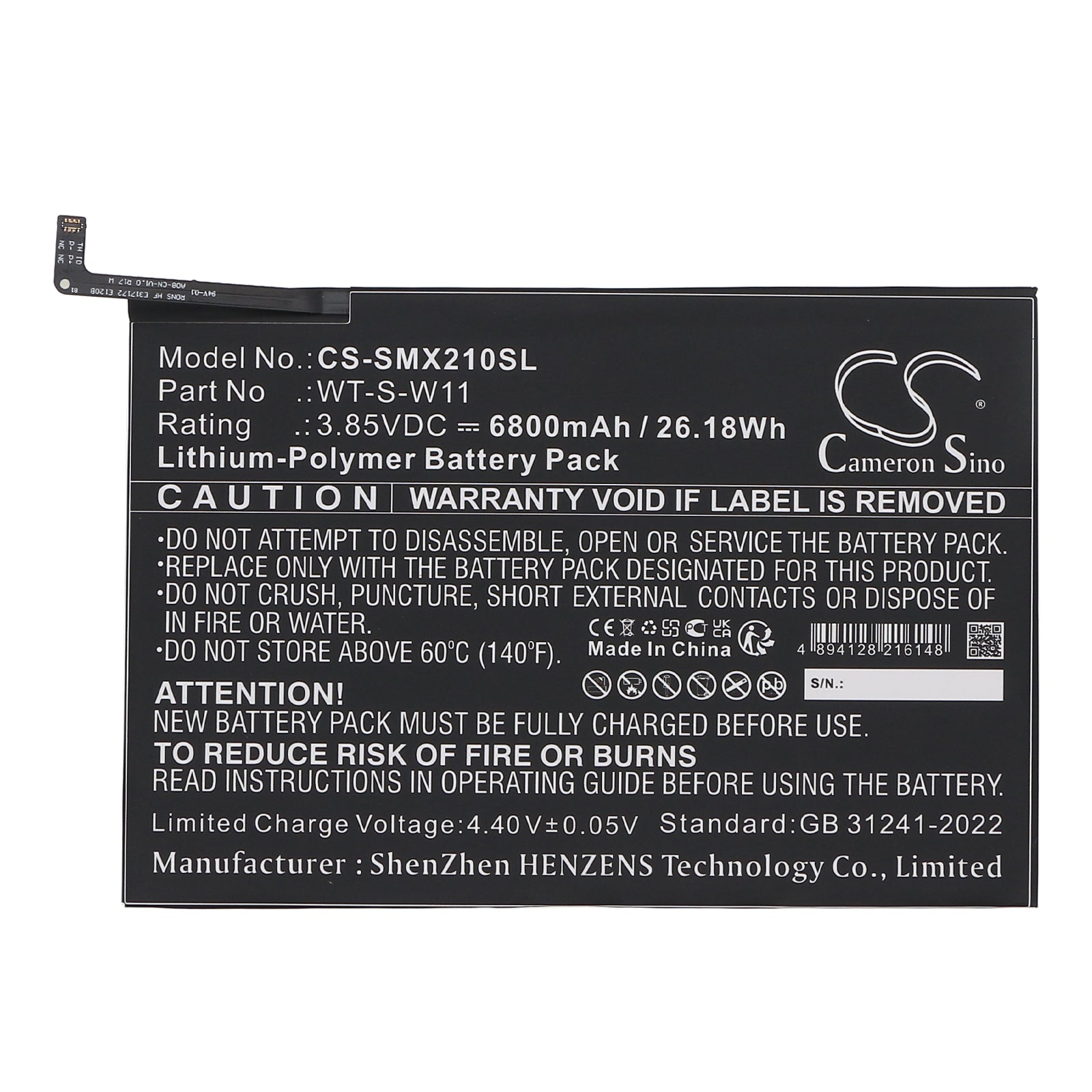 3.85V, Li-Polymer, 6800mAh, Battery fits Samsung Galaxy Tab A9+ 5G 11, SM-X210, 26.18Wh Tablet Cameron Sino Technology Limited