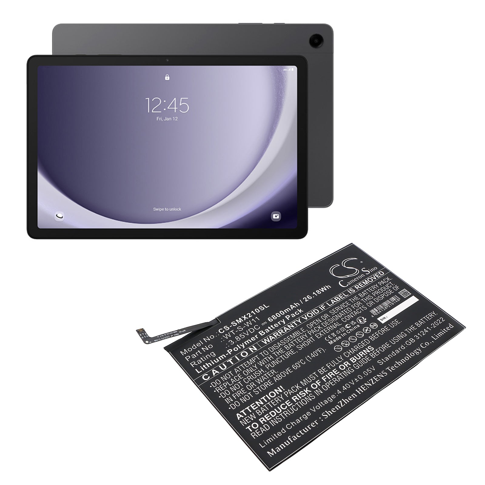 3.85V, Li-Polymer, 6800mAh, Battery fits Samsung Galaxy Tab A9+ 5G 11, SM-X210, 26.18Wh Tablet Cameron Sino Technology Limited