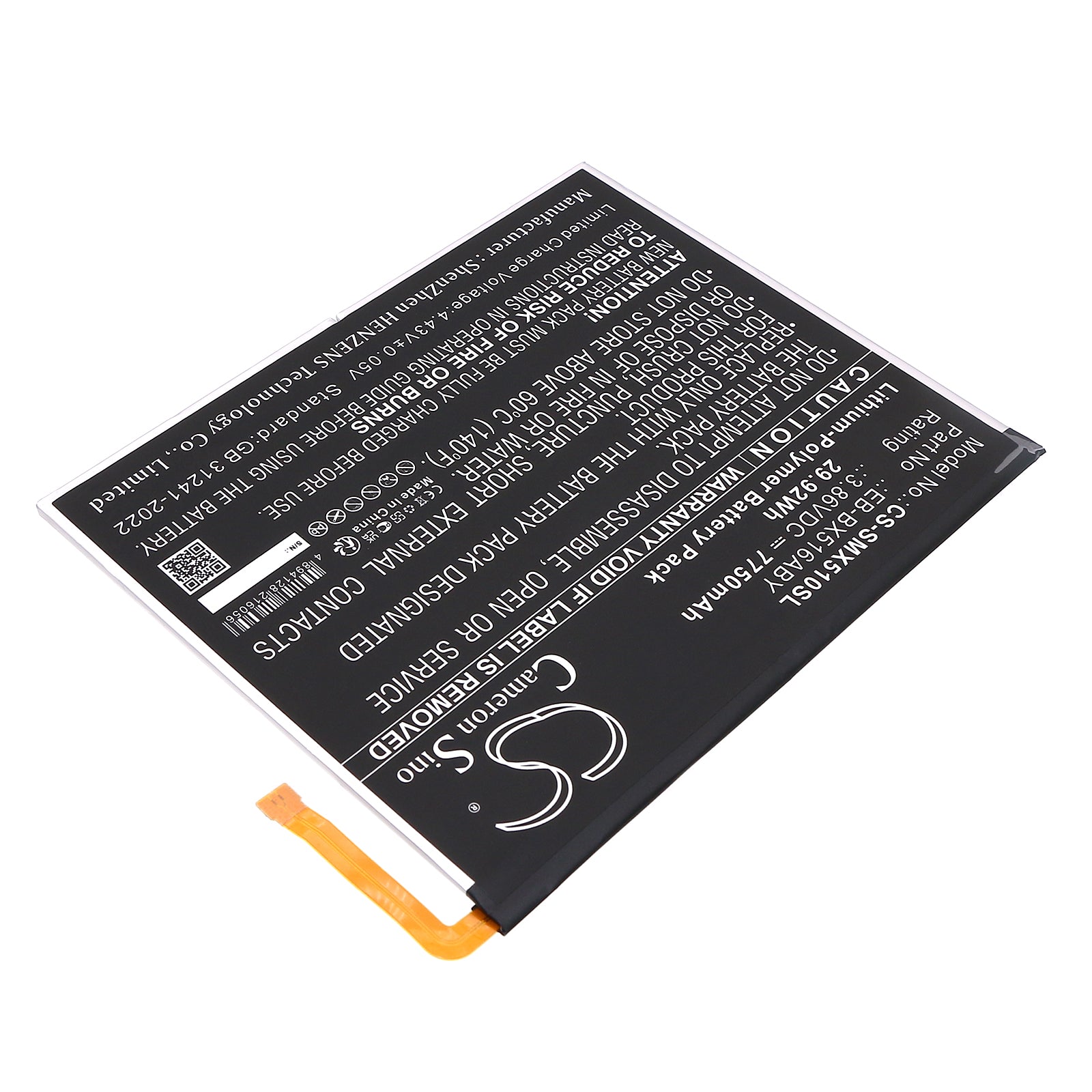 3.86V, Li-Polymer, 7750mAh, Battery fits Samsung Galaxy Tab S9 FE, SM-X510, 29.92Wh Tablet Cameron Sino Technology Limited