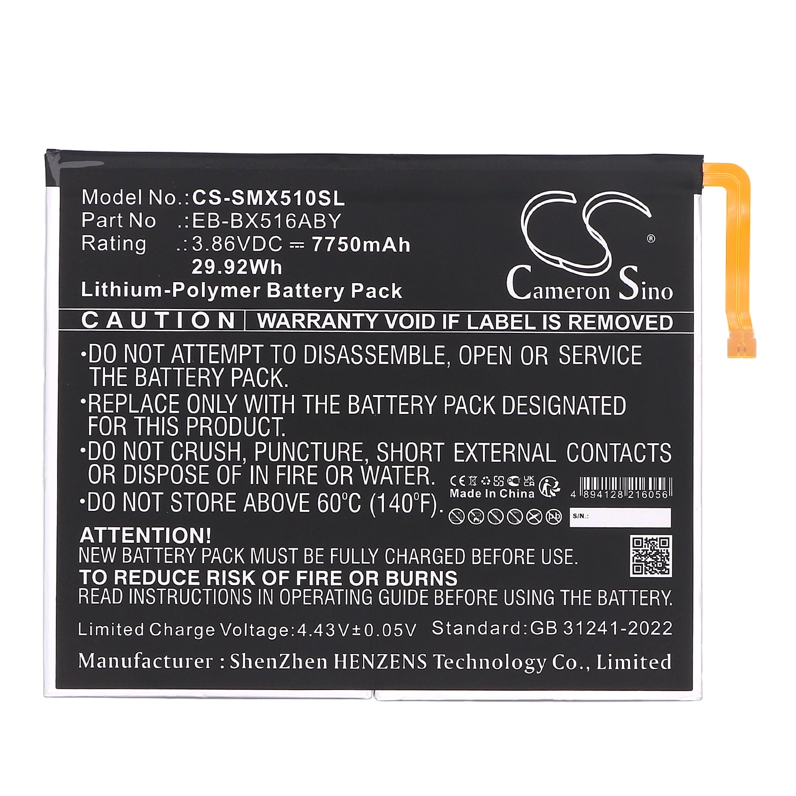 3.86V, Li-Polymer, 7750mAh, Battery fits Samsung Galaxy Tab S9 FE, SM-X510, 29.92Wh Tablet Cameron Sino Technology Limited