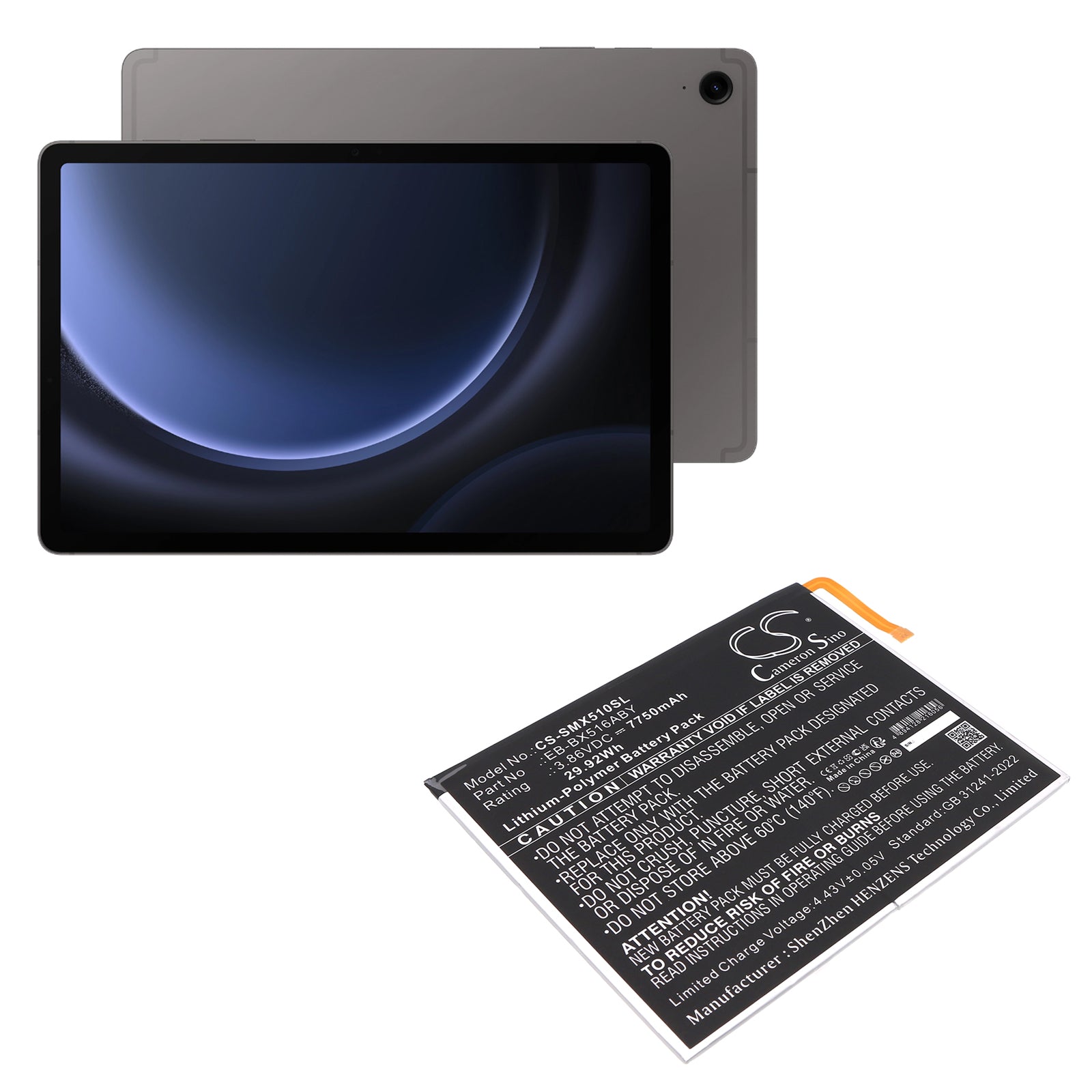 3.86V, Li-Polymer, 7750mAh, Battery fits Samsung Galaxy Tab S9 FE, SM-X510, 29.92Wh Tablet Cameron Sino Technology Limited