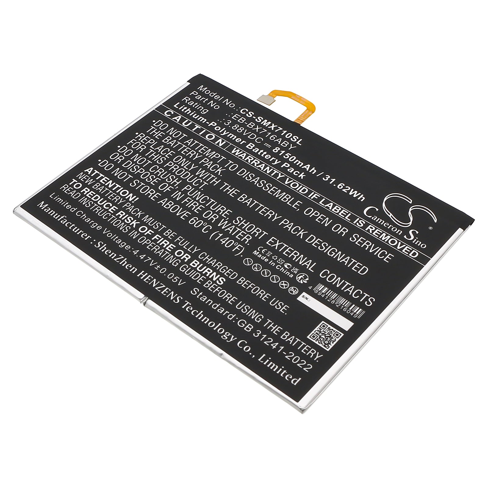 3.88V, Li-Polymer, 8150mAh, Battery fits Samsung Galaxy Tab S9, SM-X710, 31.62Wh Tablet Cameron Sino Technology Limited