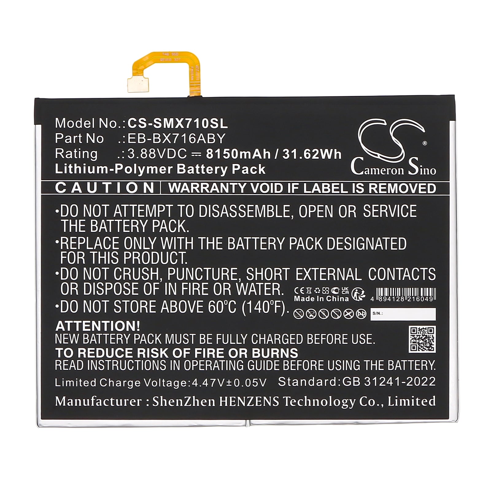 3.88V, Li-Polymer, 8150mAh, Battery fits Samsung Galaxy Tab S9, SM-X710, 31.62Wh Tablet Cameron Sino Technology Limited