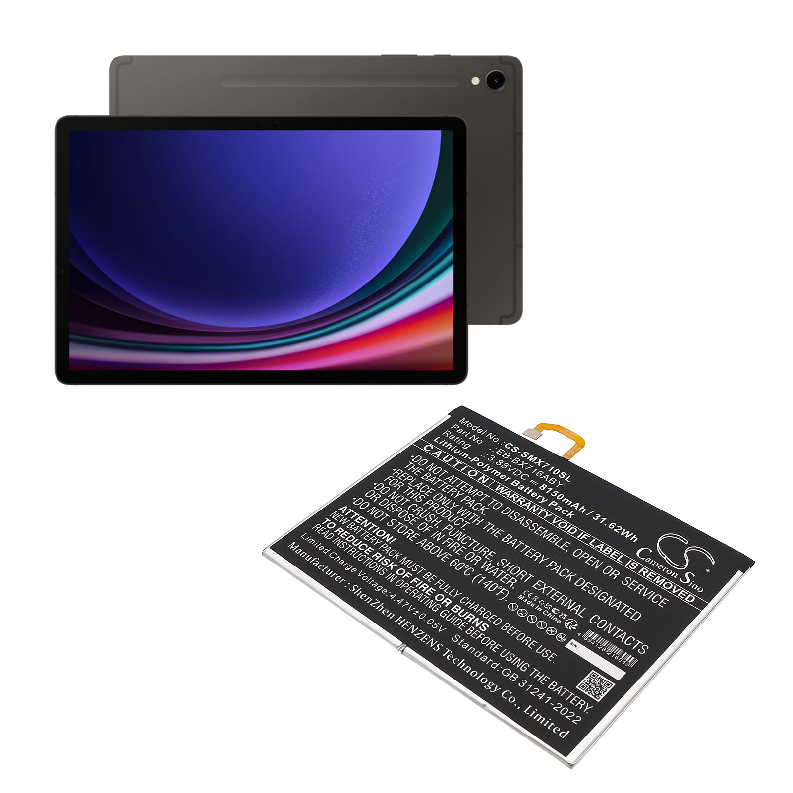3.88V, Li-Polymer, 8150mAh, Battery fits Samsung Galaxy Tab S9, SM-X710, 31.62Wh Tablet Cameron Sino Technology Limited