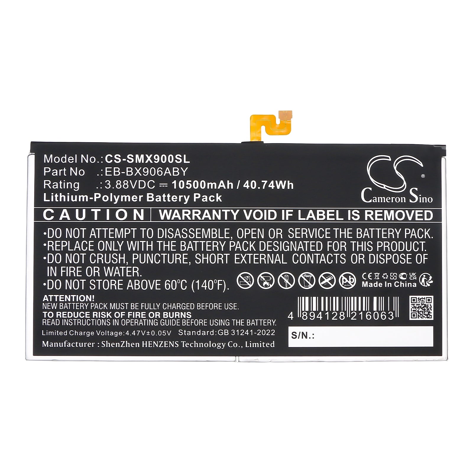 3.88V, Li-Polymer, 10500mAh, Battery fits Samsung Galaxy Tab S8 Ultra, SM-X900, 40.74Wh Tablet Cameron Sino Technology Limited