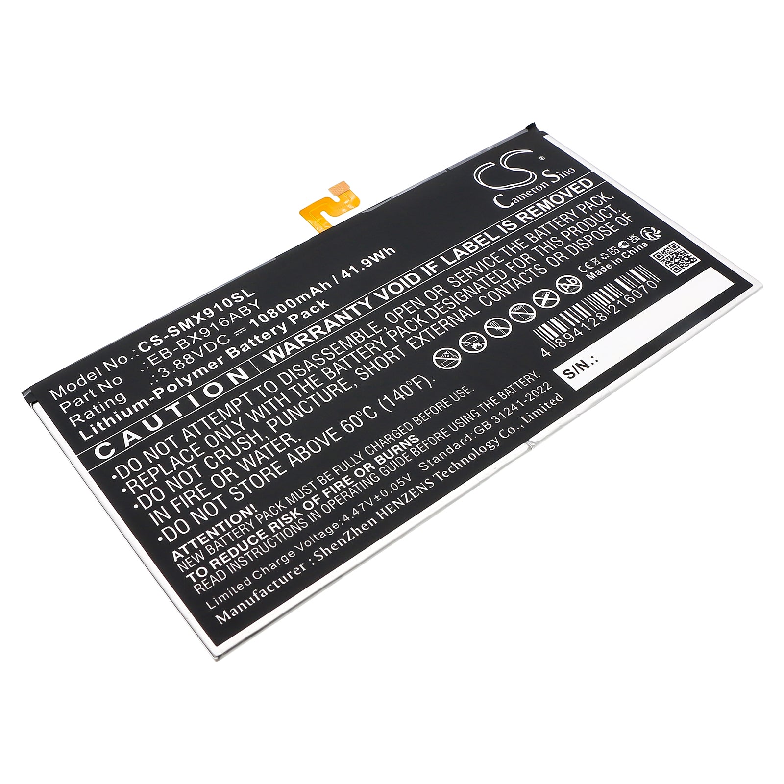 3.88V, Li-Polymer, 10800mAh, Battery fits Samsung Galaxy Tab S9 Ultra, SM-X910, 41.9Wh Tablet Cameron Sino Technology Limited