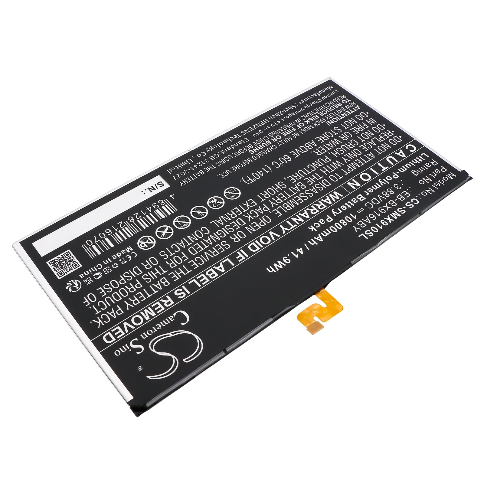 3.88V, Li-Polymer, 10800mAh, Battery fits Samsung Galaxy Tab S9 Ultra, SM-X910, 41.9Wh Tablet Cameron Sino Technology Limited