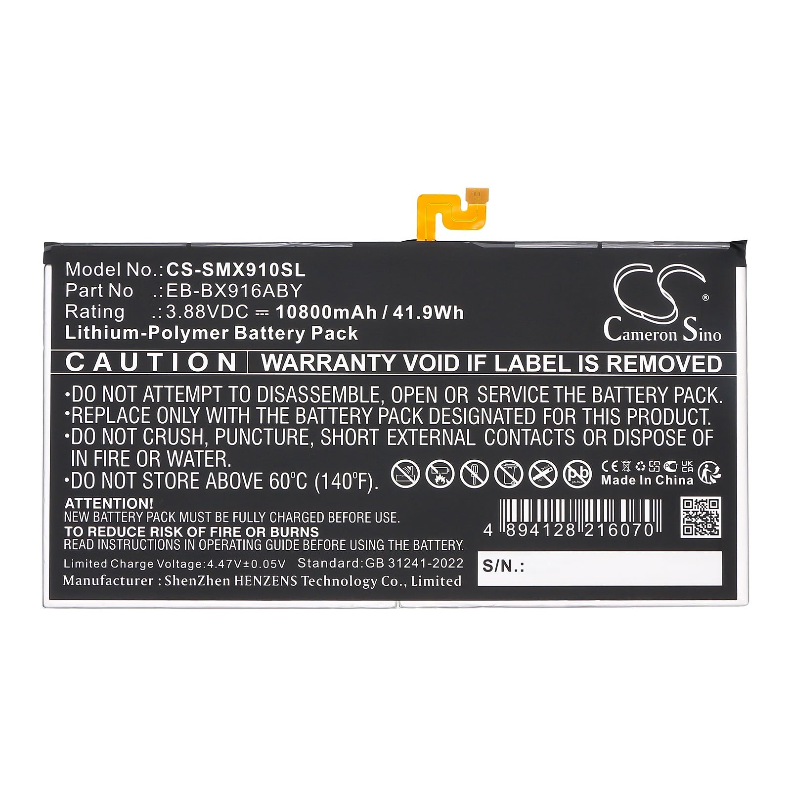 3.88V, Li-Polymer, 10800mAh, Battery fits Samsung Galaxy Tab S9 Ultra, SM-X910, 41.9Wh Tablet Cameron Sino Technology Limited