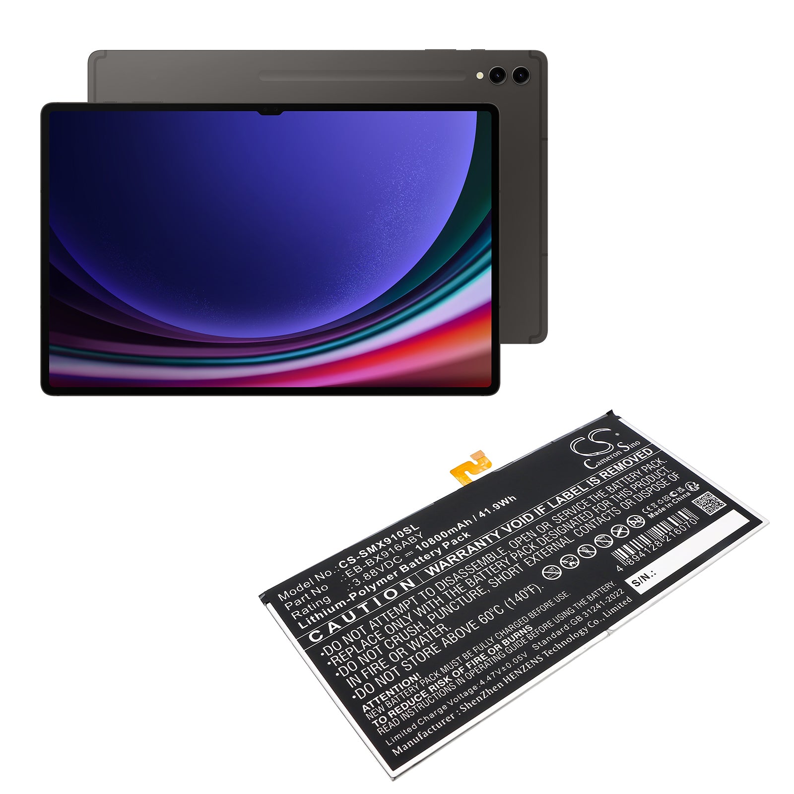 3.88V, Li-Polymer, 10800mAh, Battery fits Samsung Galaxy Tab S9 Ultra, SM-X910, 41.9Wh Tablet Cameron Sino Technology Limited