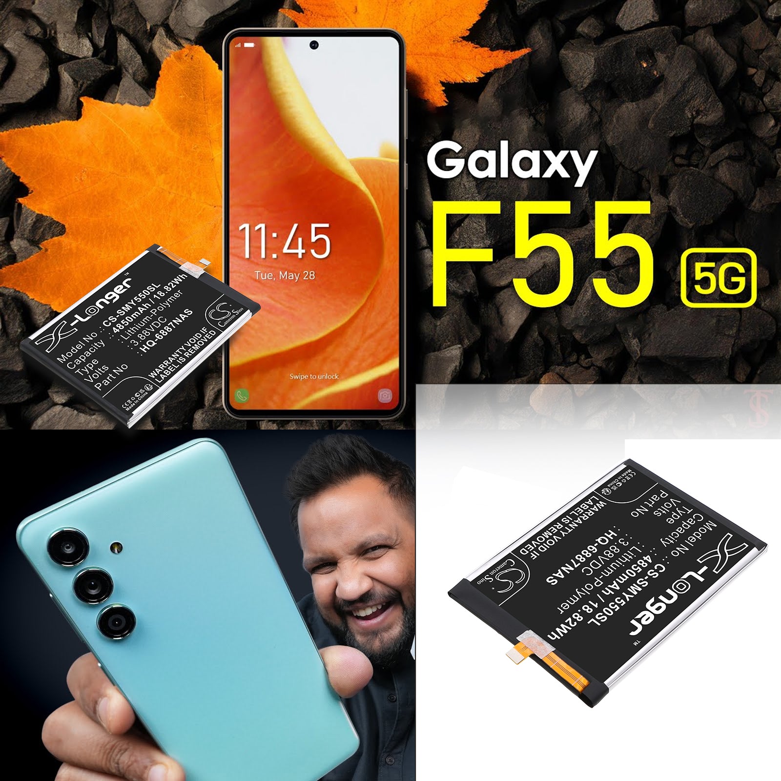 3.88V, Li-Polymer, 4850mAh, Battery fits Samsung Galaxy F55 5G, Galaxy M55 5G, 18.82Wh Mobile, SmartPhone Cameron Sino Technology Limited
