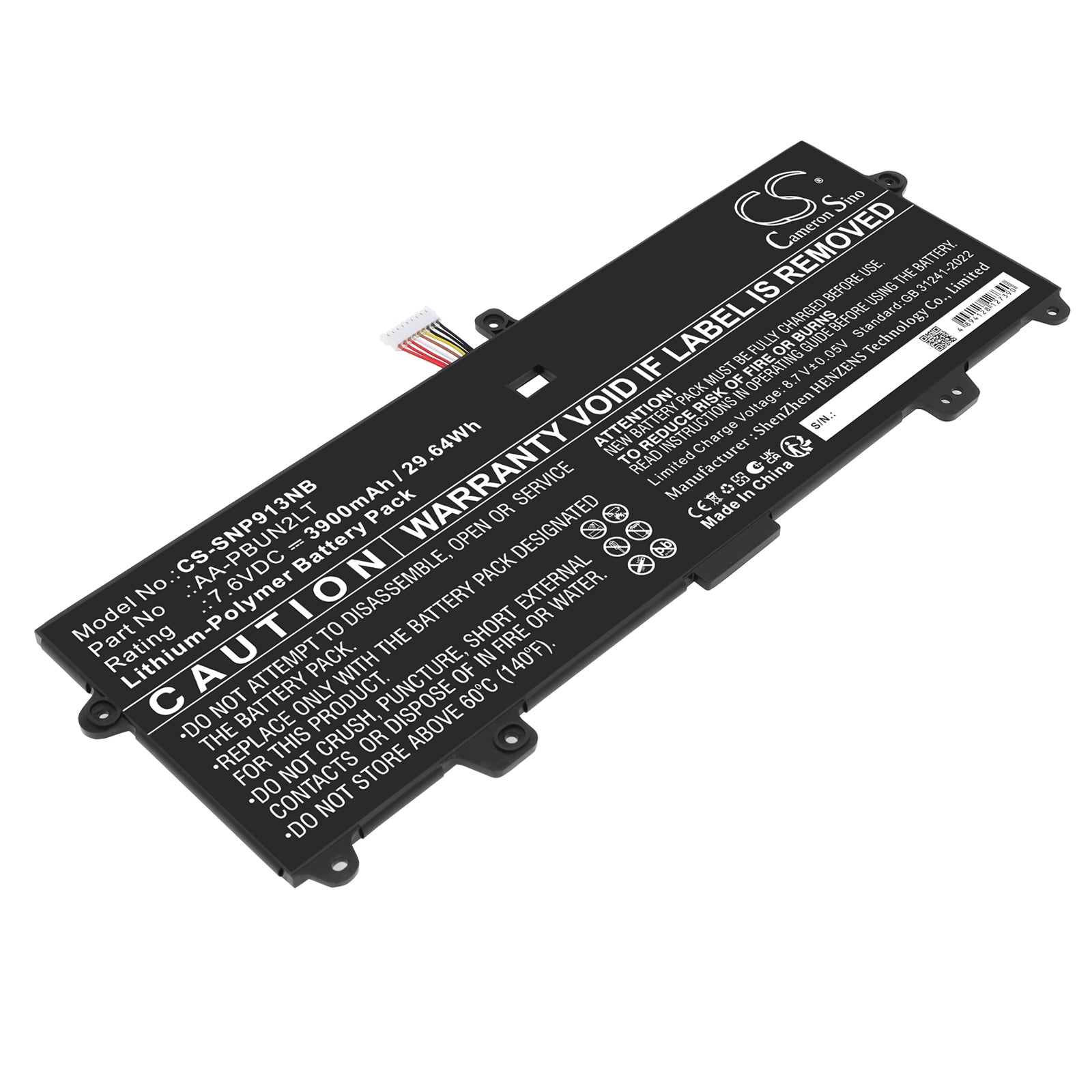 7.6V, Li-Polymer, 3900mAh, Battery fits Samsung Notebook 9 13.3", NP900X3L, 29.64Wh Notebook, Laptop Cameron Sino Technology Limited