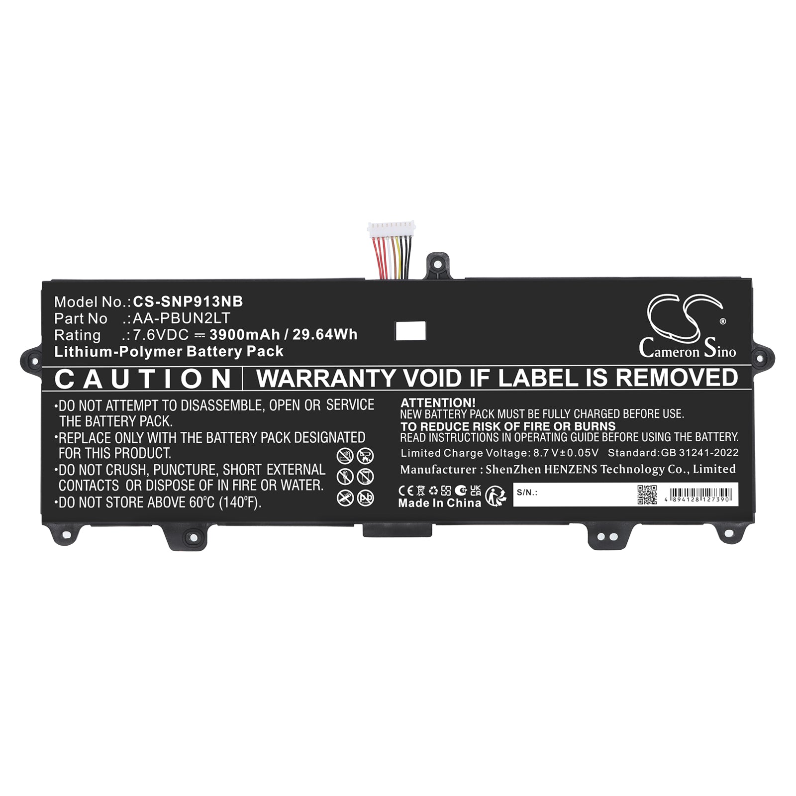 7.6V, Li-Polymer, 3900mAh, Battery fits Samsung Notebook 9 13.3", NP900X3L, 29.64Wh Notebook, Laptop Cameron Sino Technology Limited