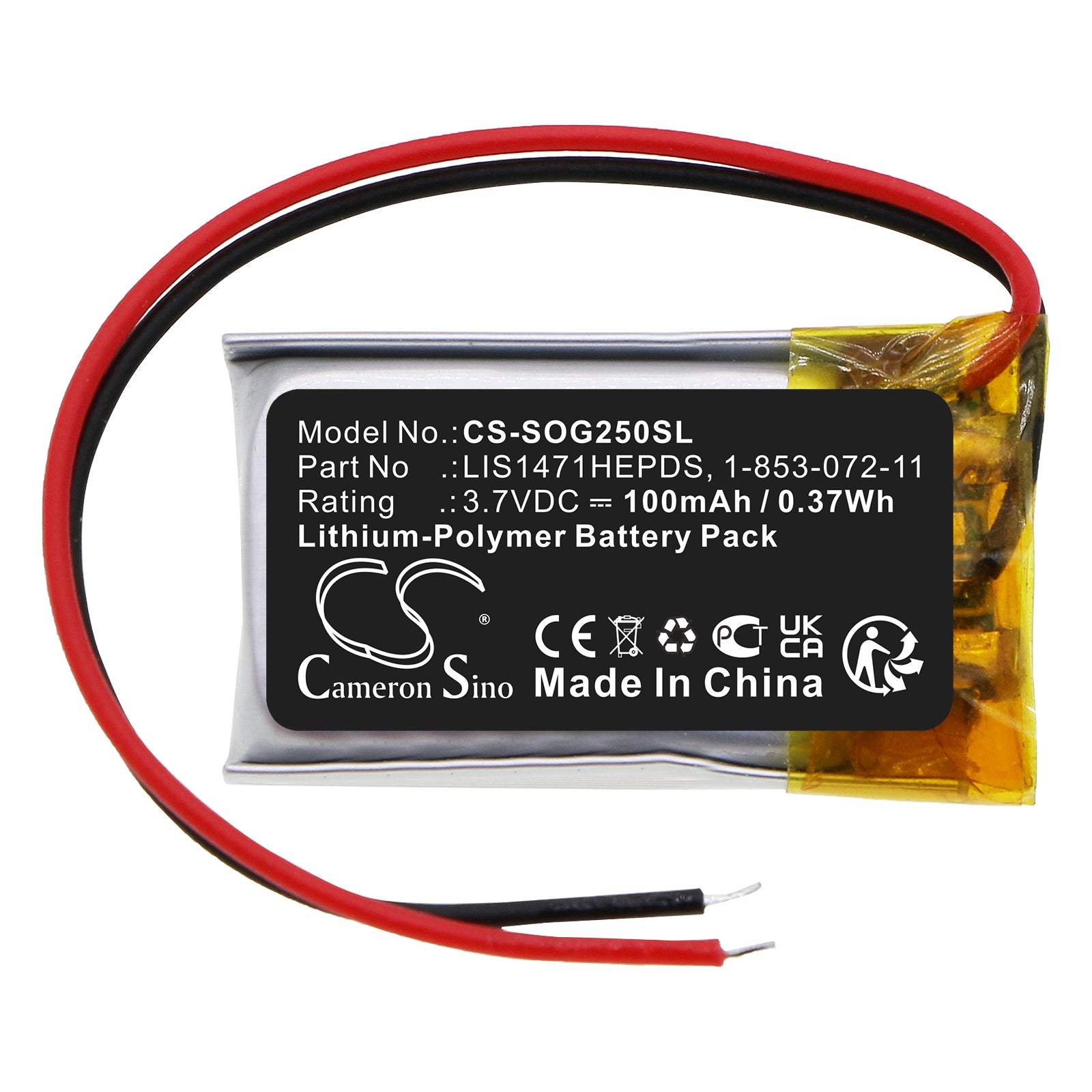 Li-Polymer, 3D Glasses Battery fits Sony Tdg-250, Tdg-br250, 3.7V, 100mAh 3D Glasses Cameron Sino Technology Limited