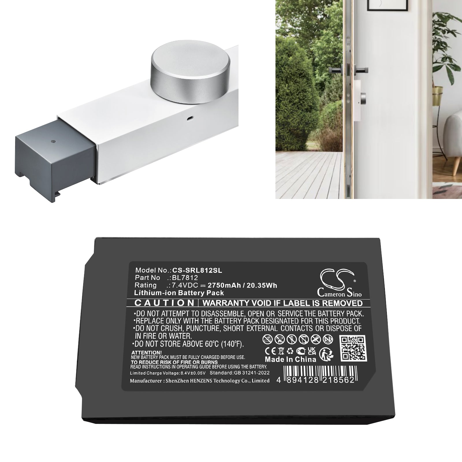 7.4V, Li-ion, 2750mAh, Battery fits Somfy 1241386, Door Keeper Lock, 20.35Wh Door Lock Cameron Sino Technology Limited