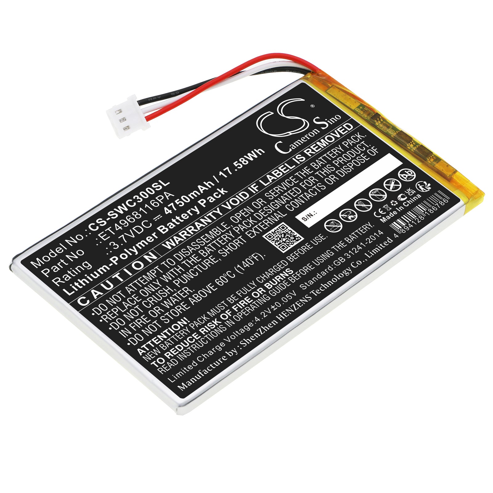 Li-Polymer, GPS, Navigator Battery fits Swing Caddie Sc300, Sc300 Portable Golf Launch Mon, 3.7V, 4750mAh GPS, Navigator Cameron Sino Technology Limited