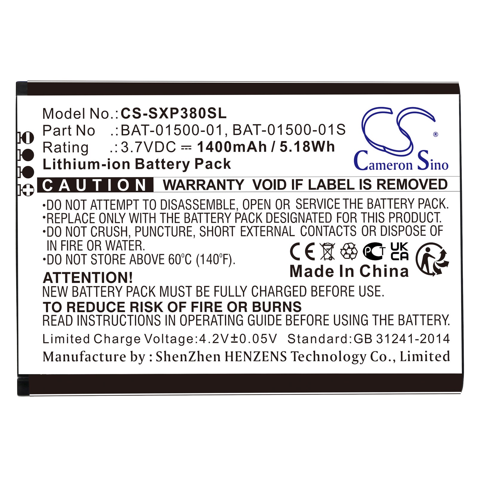Li-ion, Mobile, SmartPhone Battery fits Sonim Xp3, Xp3800, 3.7V, 1400mAh Mobile, SmartPhone Cameron Sino Technology Limited