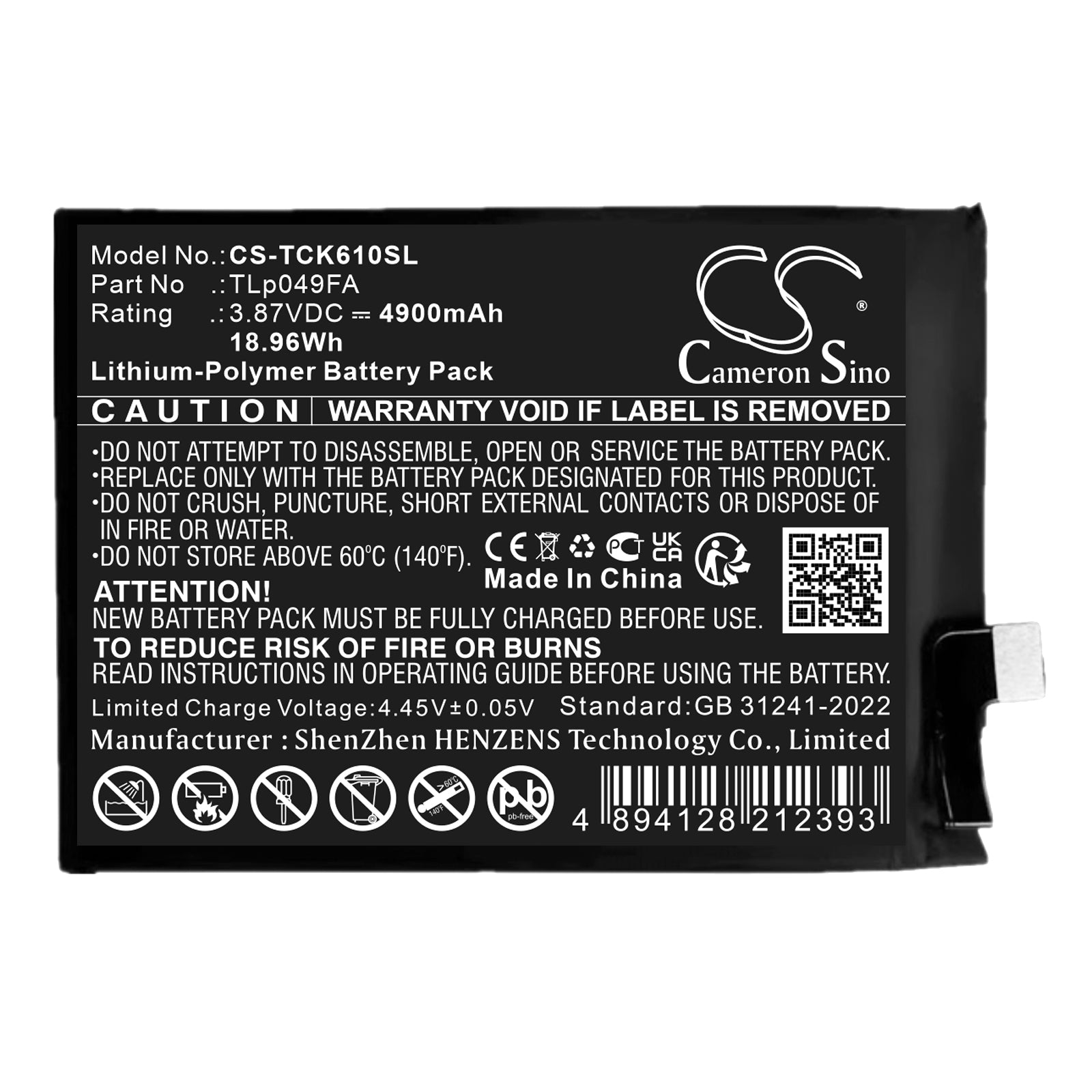 3.87V, Li-Polymer, 4900mAh, Battery fits Sharp Aquos V7 Plus, SH-C06 | TCL 40 SE, 18.96Wh Mobile, SmartPhone Cameron Sino Technology Limited