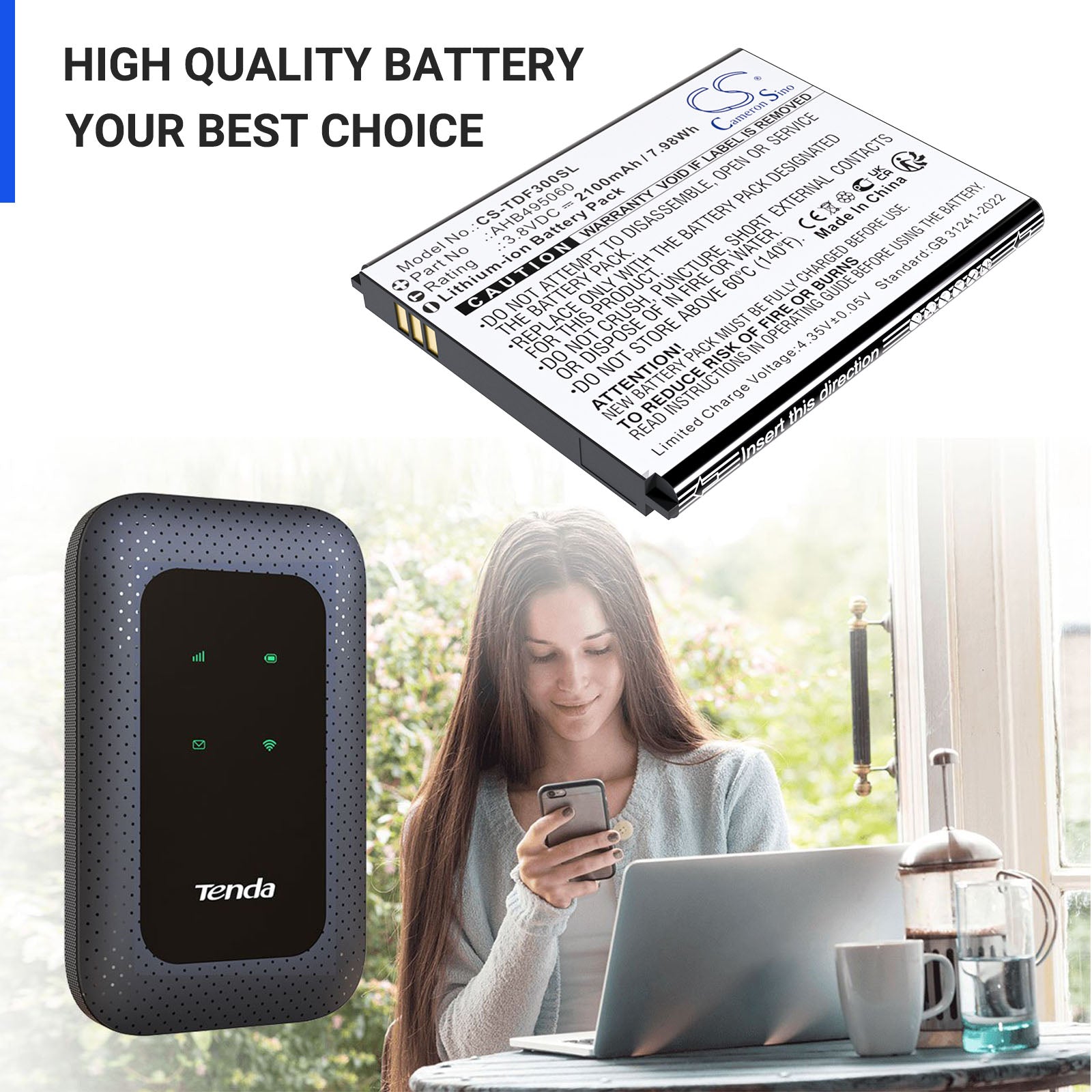 3.8V, Li-ion, 2100mAh, Battery fits Tenda 4G180. 4G LTE, 4G185, 7.98Wh Hotspot Cameron Sino Technology Limited