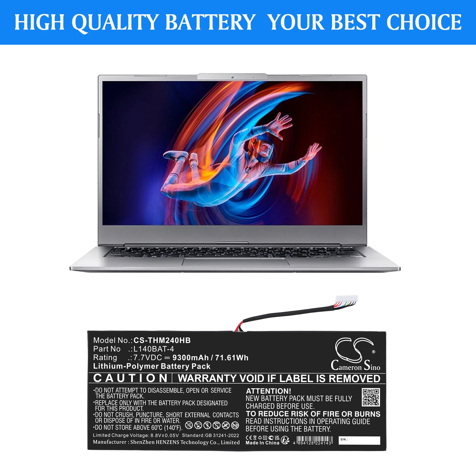 7.7V, Li-Polymer, 9300mAh, Battery fits Schenker VIA 14, VIA 14 Late 2020, 71.61Wh Notebook, Laptop Cameron Sino Technology Limited