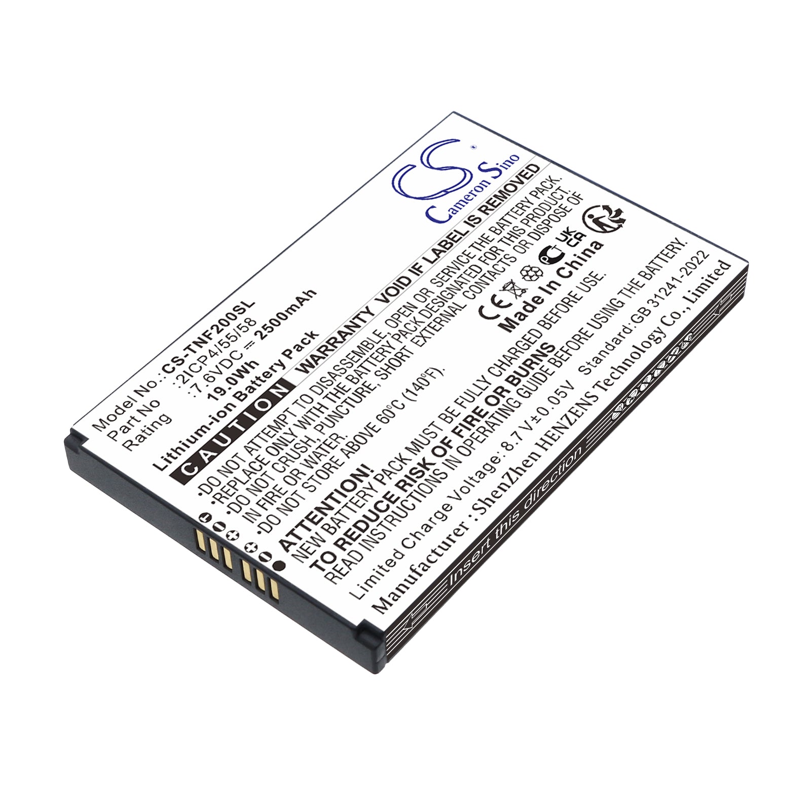 7.6V, Li-ion, 2500mAh, Battery fits Feitian F20, F20 Smart POS, 19Wh Payment Terminal Cameron Sino Technology Limited