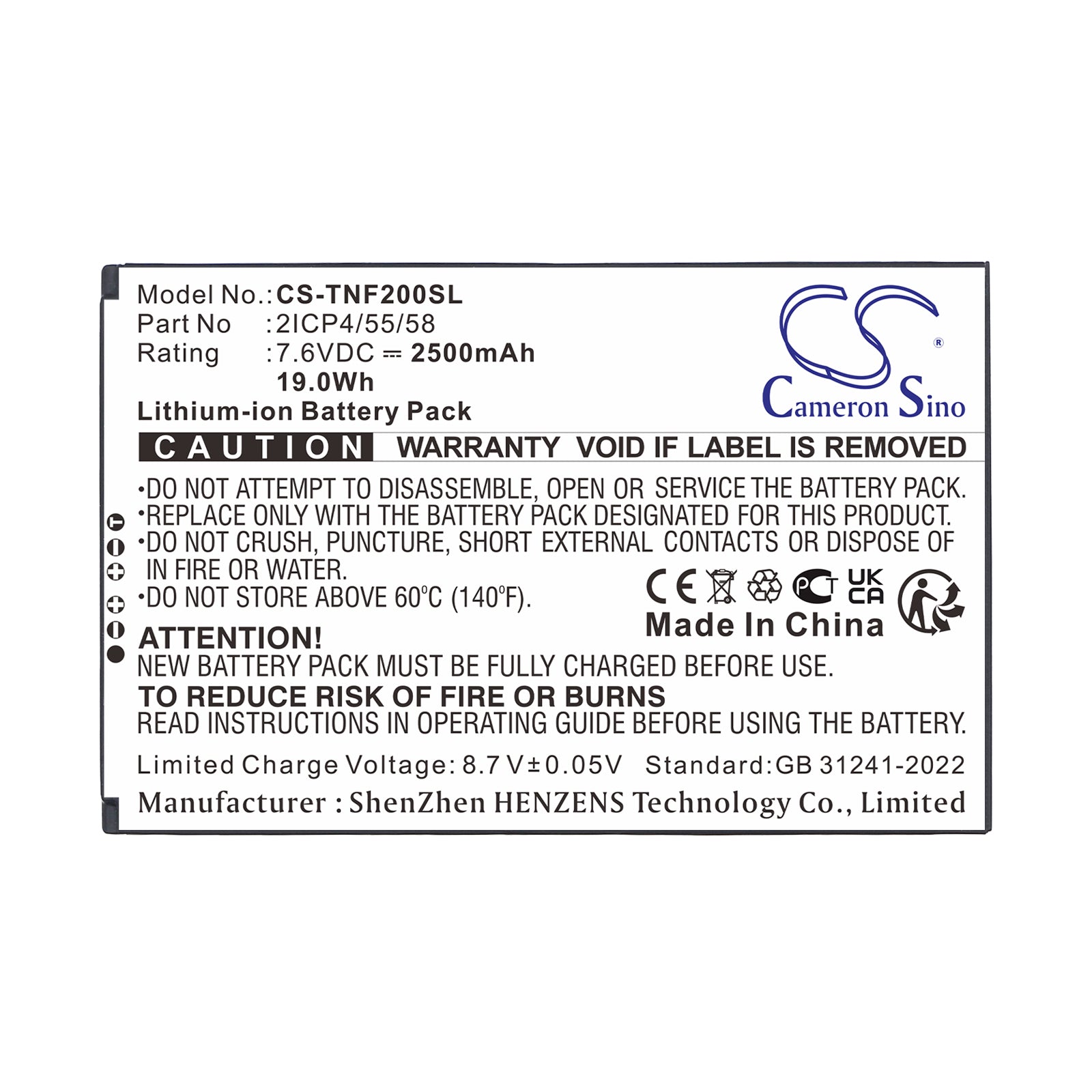 7.6V, Li-ion, 2500mAh, Battery fits Feitian F20, F20 Smart POS, 19Wh Payment Terminal Cameron Sino Technology Limited