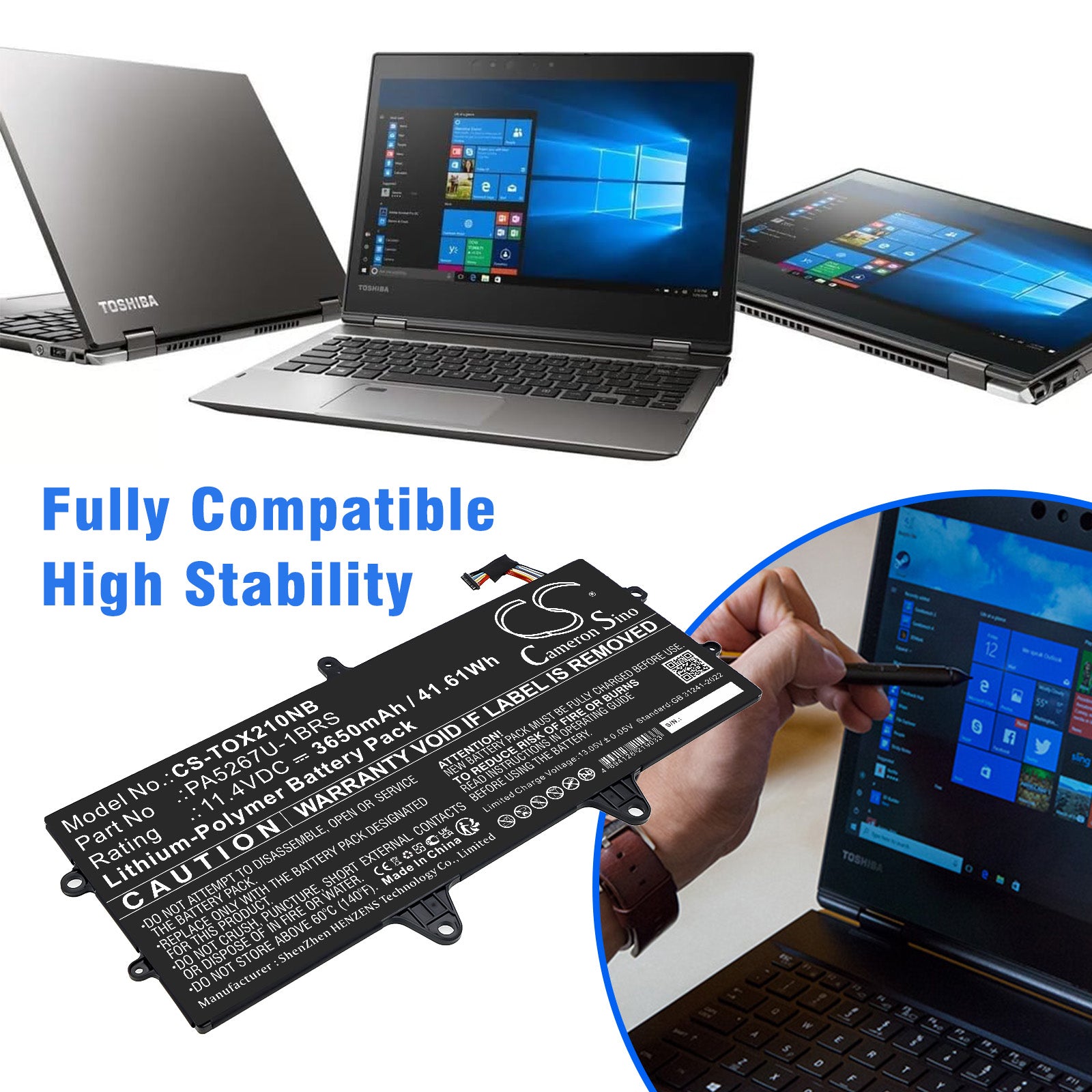 11.4V, Li-Polymer, 3650mAh, Battery fits Toshiba Portege X20W, Portege X20W-D, 41.61Wh Notebook, Laptop Cameron Sino Technology Limited