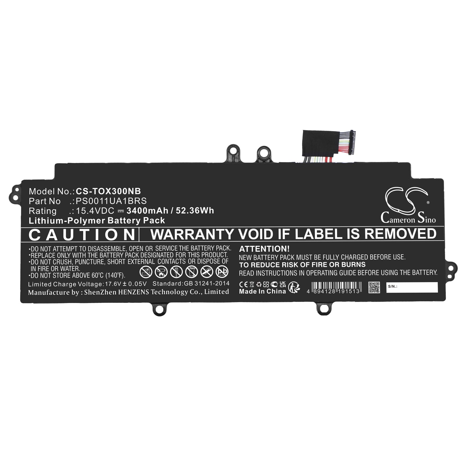 Li-Polymer, Notebook, Laptop Battery fits Dynabook Portege X30l-j, Portege X30l-j Pcr10a-009003, 15.4V, 3400mAh Notebook, Laptop Cameron Sino Technology Limited
