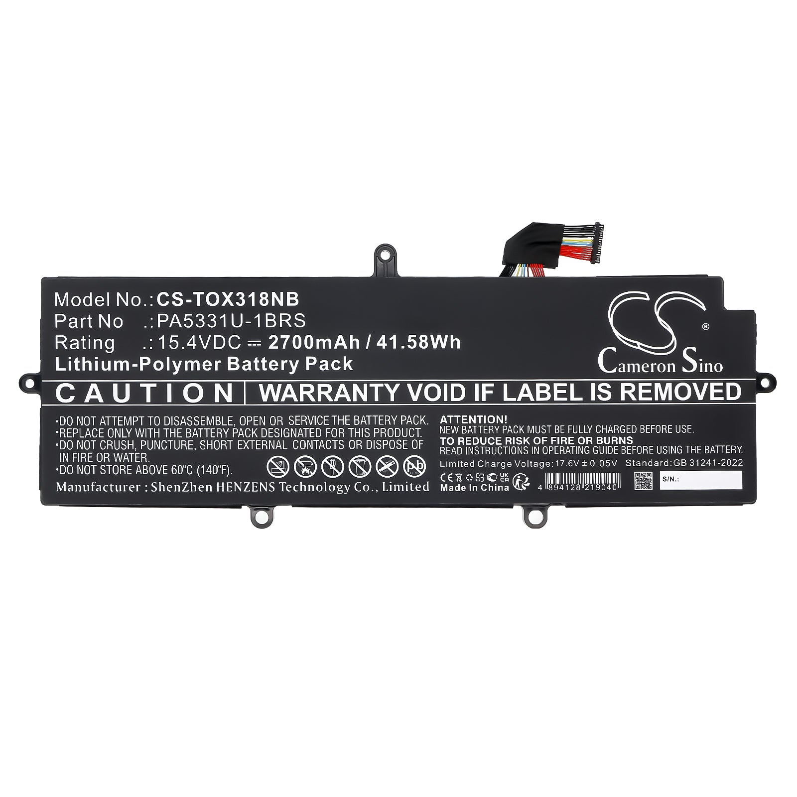 15.4V, Li-Polymer, 2700mAh, Battery fits Toshiba Dynabook Portege A30, Dynabook Portege A30-E-10K, 41.58Wh Notebook, Laptop Cameron Sino Technology Limited