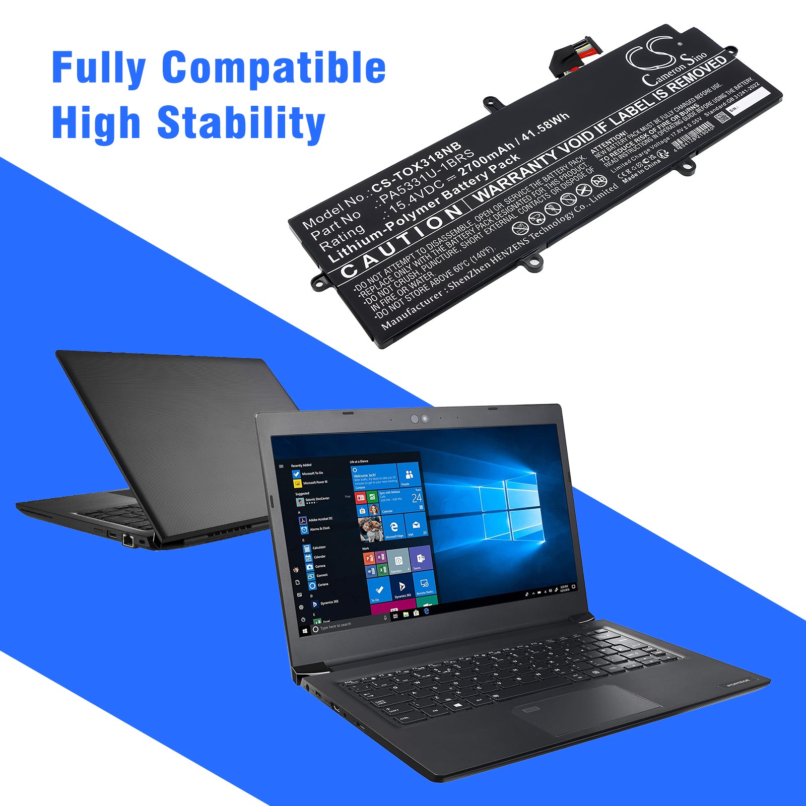 15.4V, Li-Polymer, 2700mAh, Battery fits Toshiba Dynabook Portege A30, Dynabook Portege A30-E-10K, 41.58Wh Notebook, Laptop Cameron Sino Technology Limited