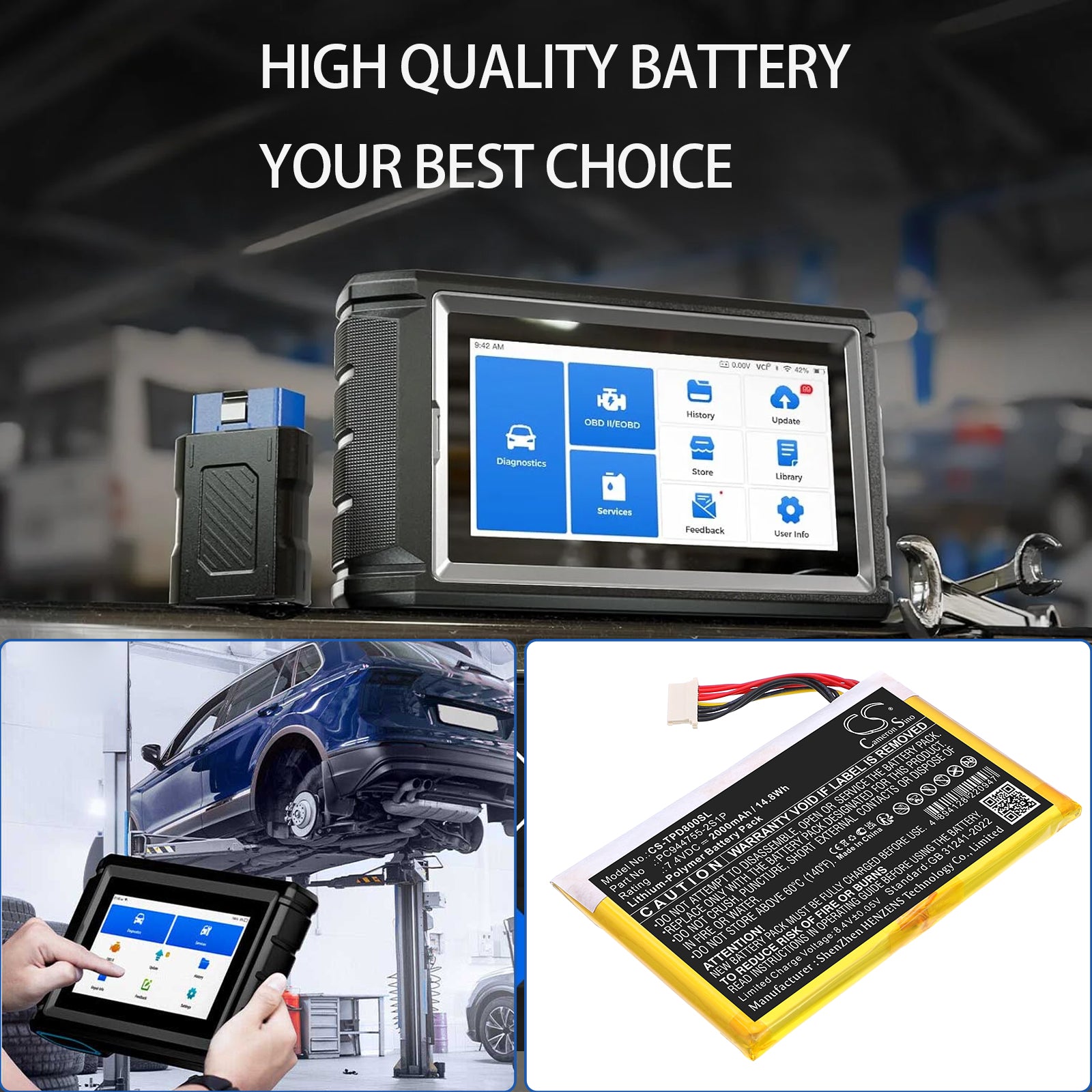 7.4V, Li-Polymer, 2000mAh, Battery fits Topdon AD800BT, ArtiDiag800BT, 14.8Wh Diagnostic Scanner Cameron Sino Technology Limited