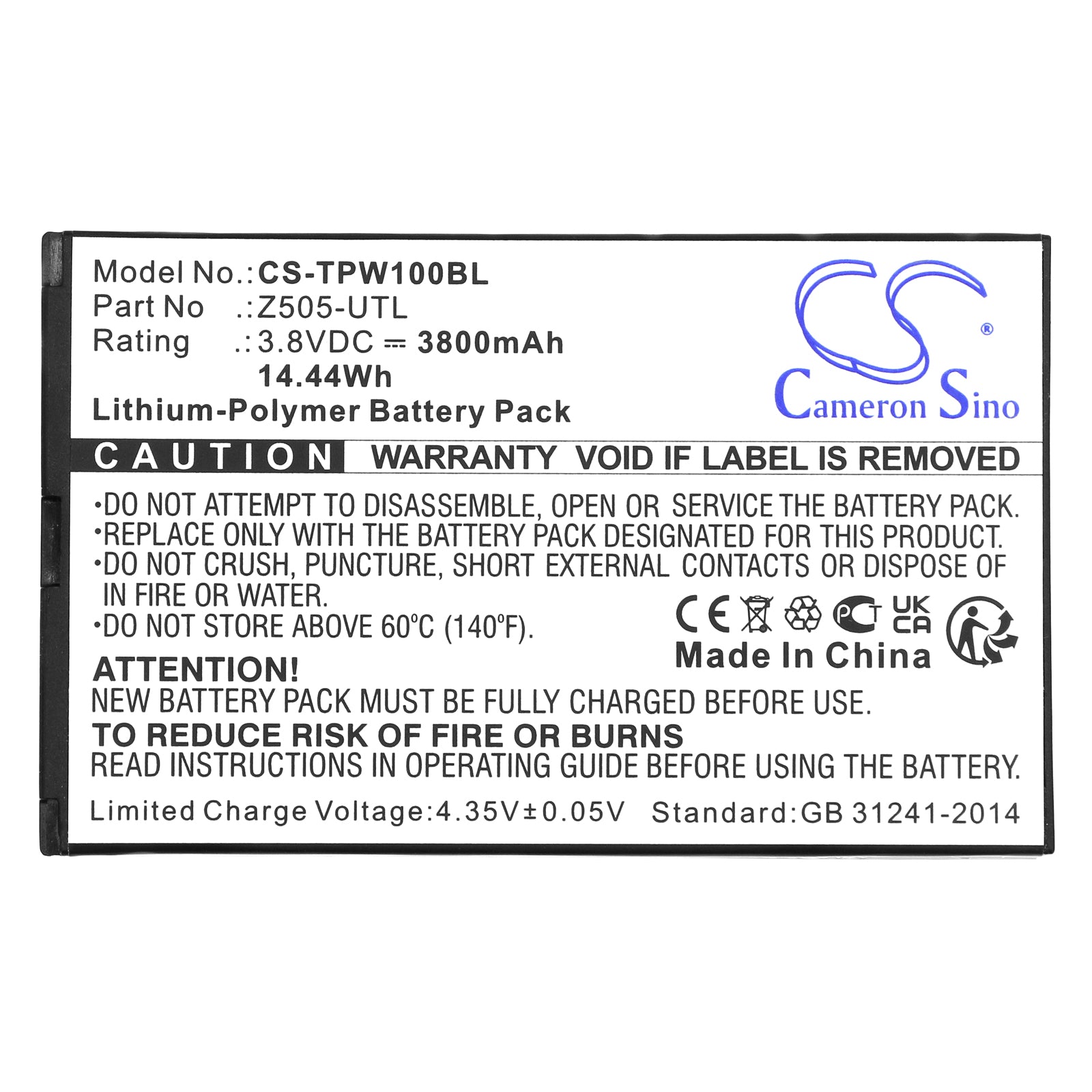 Li-Polymer, Payment Terminal Battery fits Topwise T1, 3.8V, 3800mAh Payment Terminal Cameron Sino Technology Limited