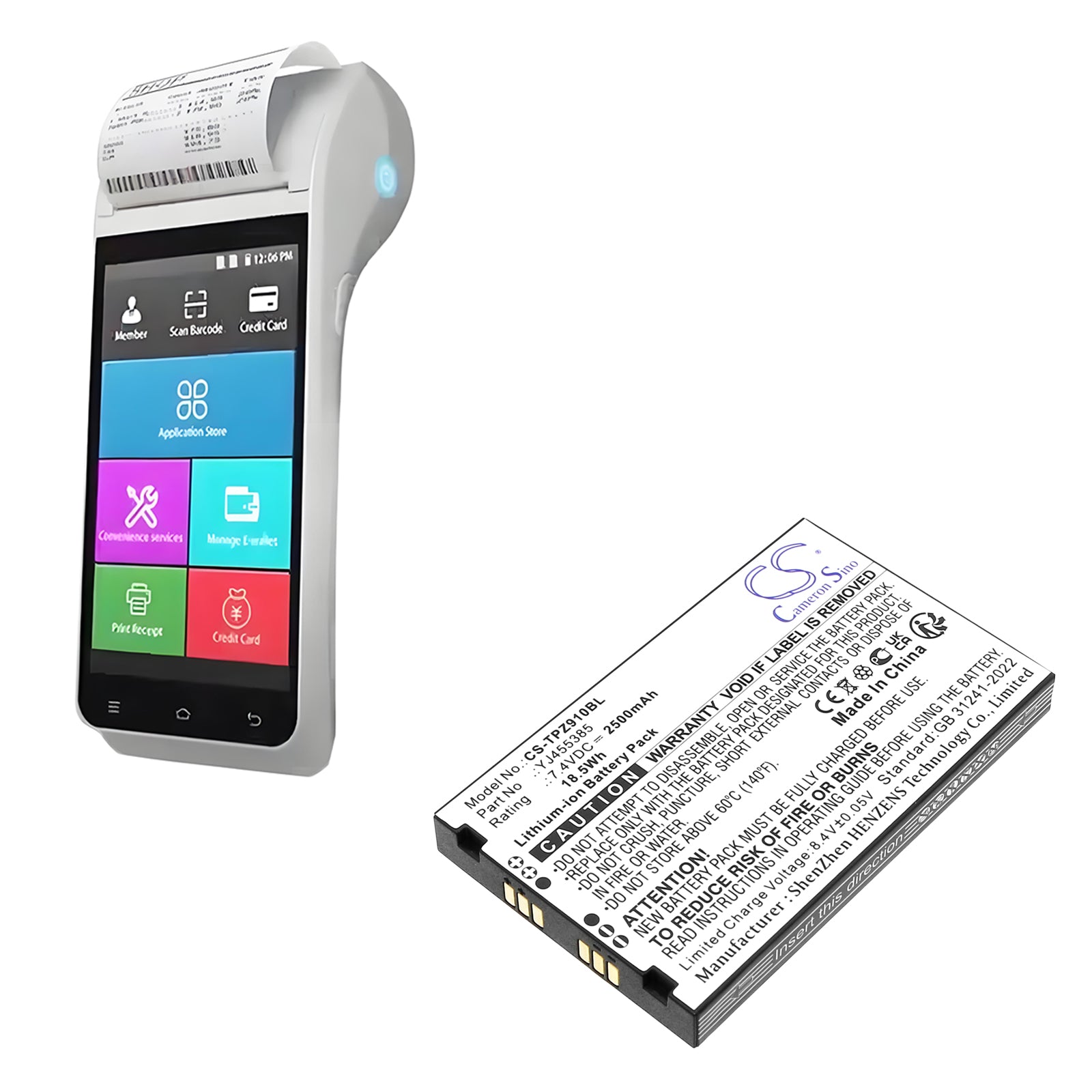 7.4V, Li-ion, 2500mAh, Battery fits Topwise Z91, 18.5Wh Payment Terminal Cameron Sino Technology Limited