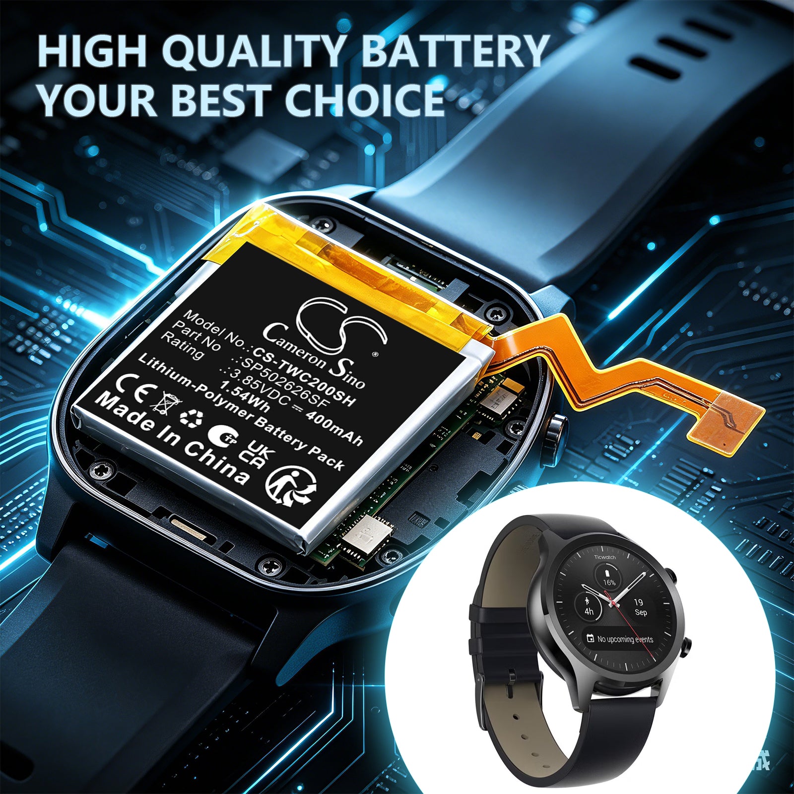 3.85V, Li-Polymer, 400mAh, Battery fits Ticwatch C2, 1.54Wh Smartwatch Cameron Sino Technology Limited