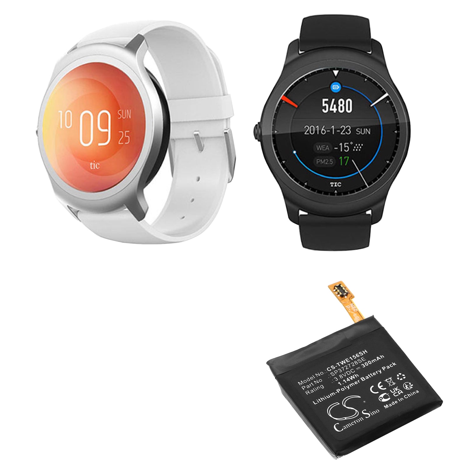 Li-Polymer, Smartwatch Battery fits Ticwatch 2, 2e, 3.8V, 300mAh Smartwatch Cameron Sino Technology Limited