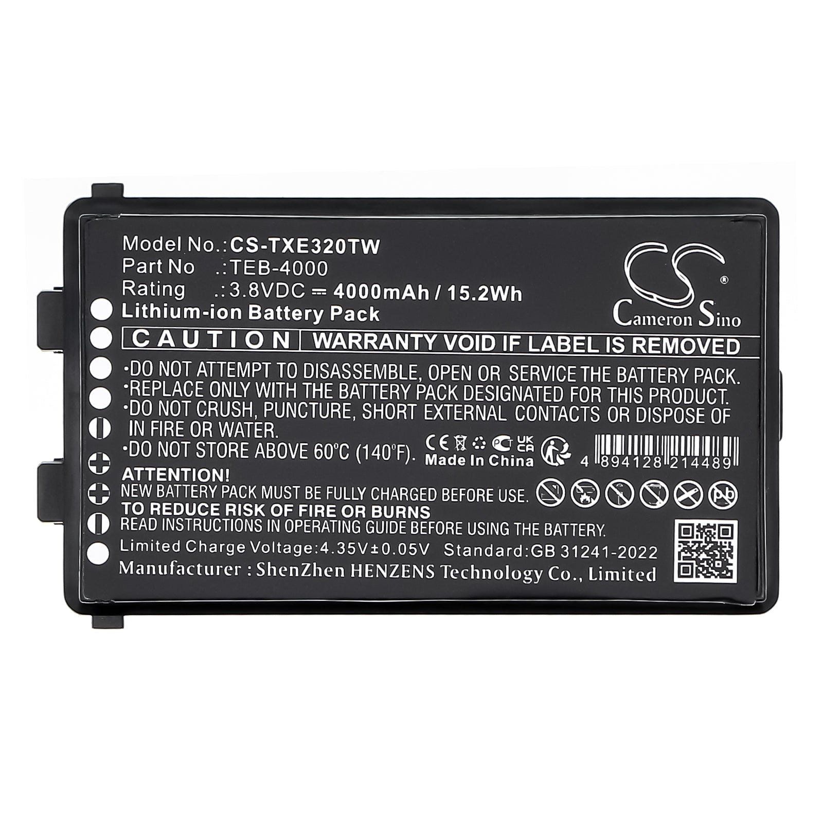 3.8V, Li-ion, 4000mAh, Battery fits Telox TE320, 15.2Wh Two-Way Radio Cameron Sino Technology Limited