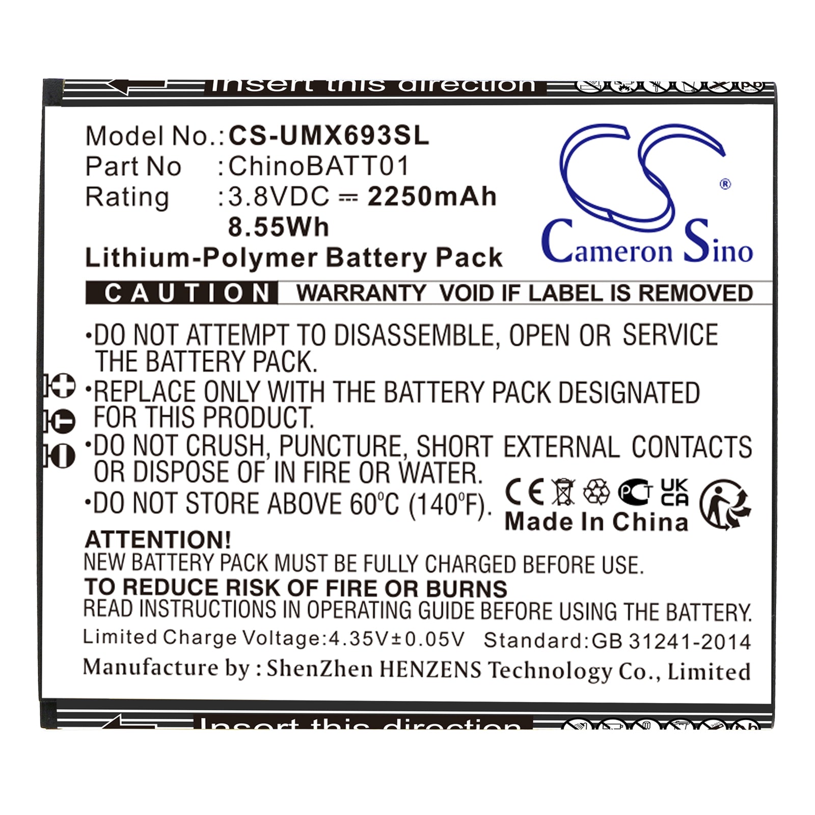 Li-Polymer, Mobile, SmartPhone Battery fits Umx U683cl, U693cl, 3.8V, 2250mAh Mobile, SmartPhone Cameron Sino Technology Limited