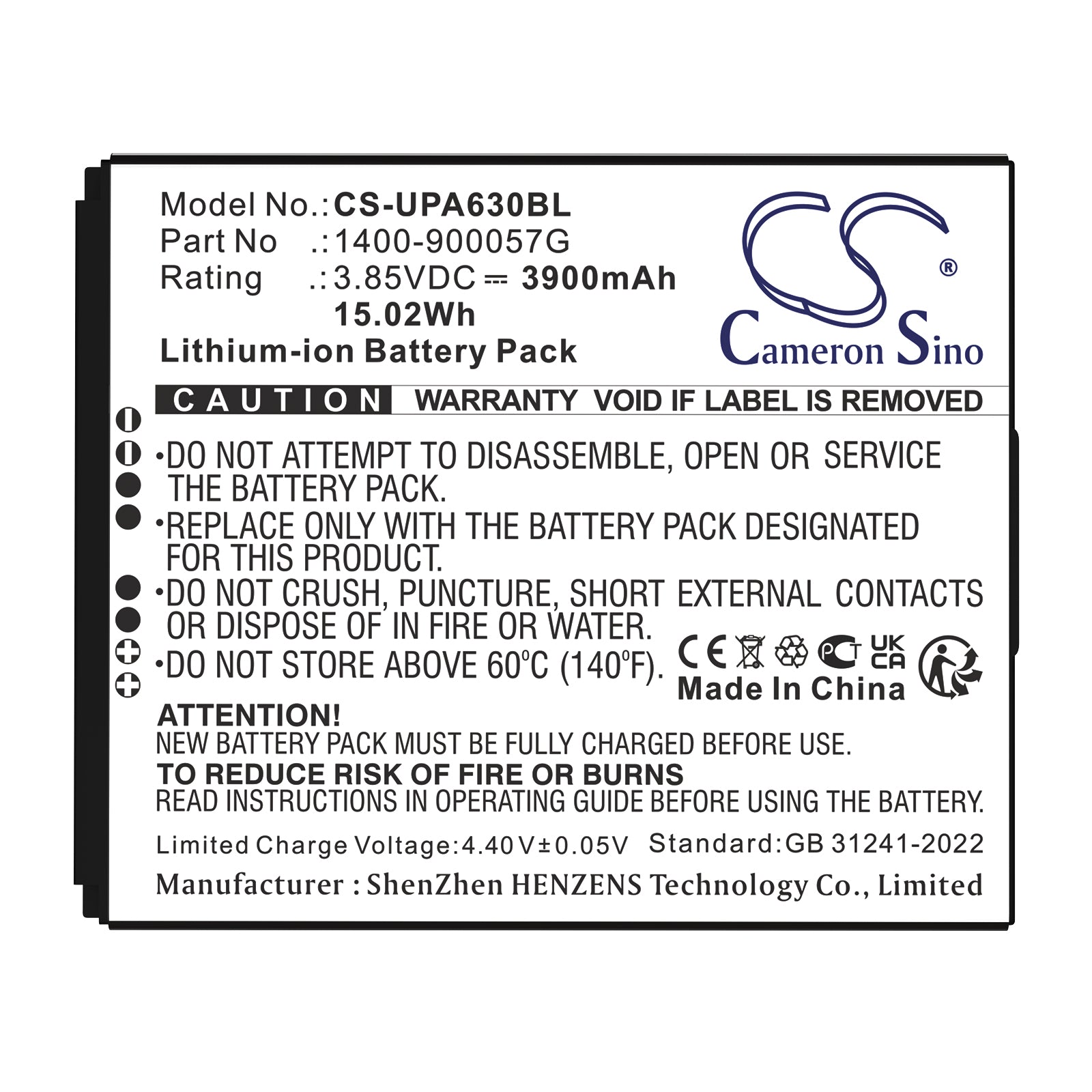 3.85V, Li-ion, 3900mAh, Battery fits Unitech EA630, EA630 Plus, 15.02Wh Barcode Scanner Cameron Sino Technology Limited