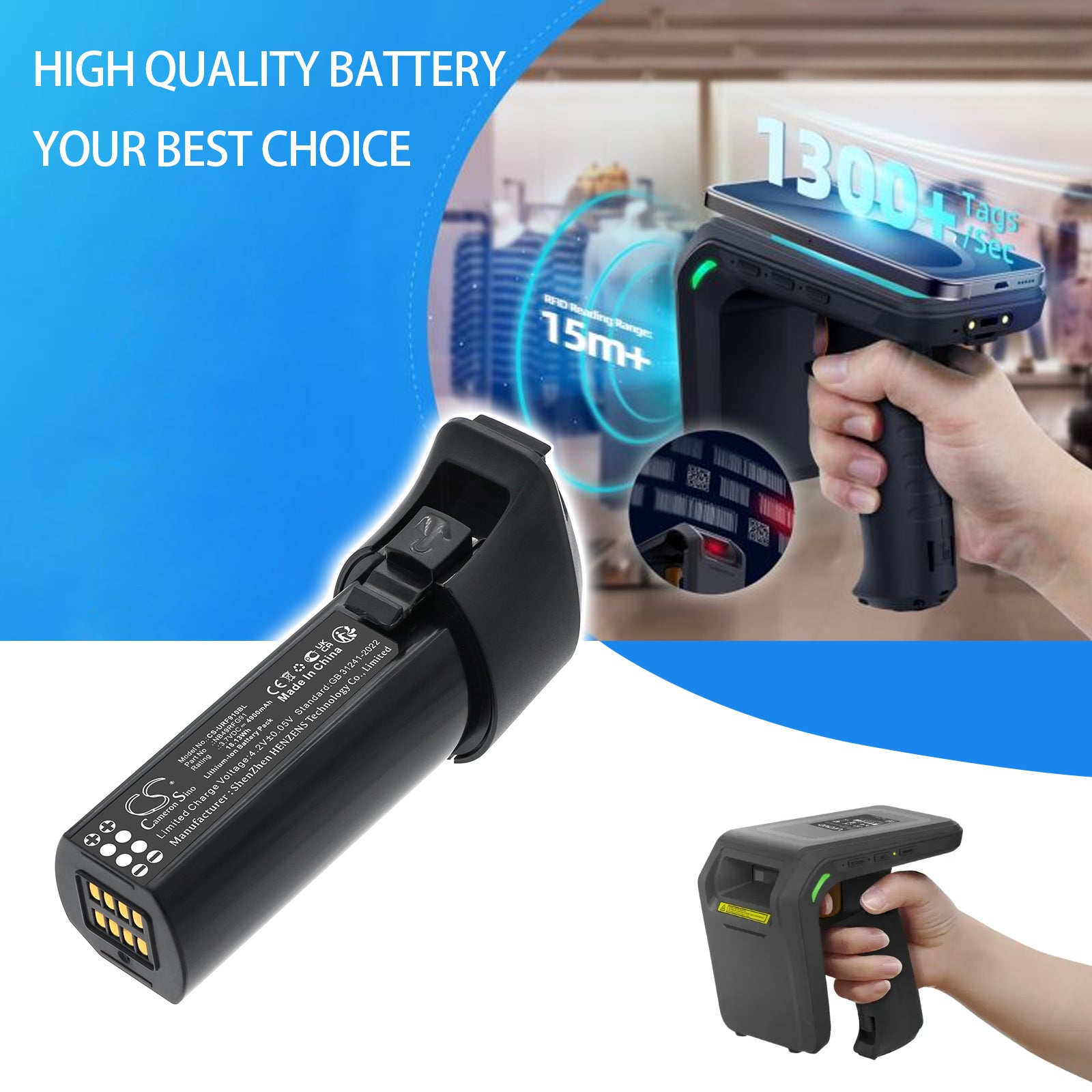 3.7V, Li-ion, 4900mAh, Battery fits Urovo RFG91, RFG91 UHF-RFID, 18.13Wh Barcode Scanner Cameron Sino Technology Limited
