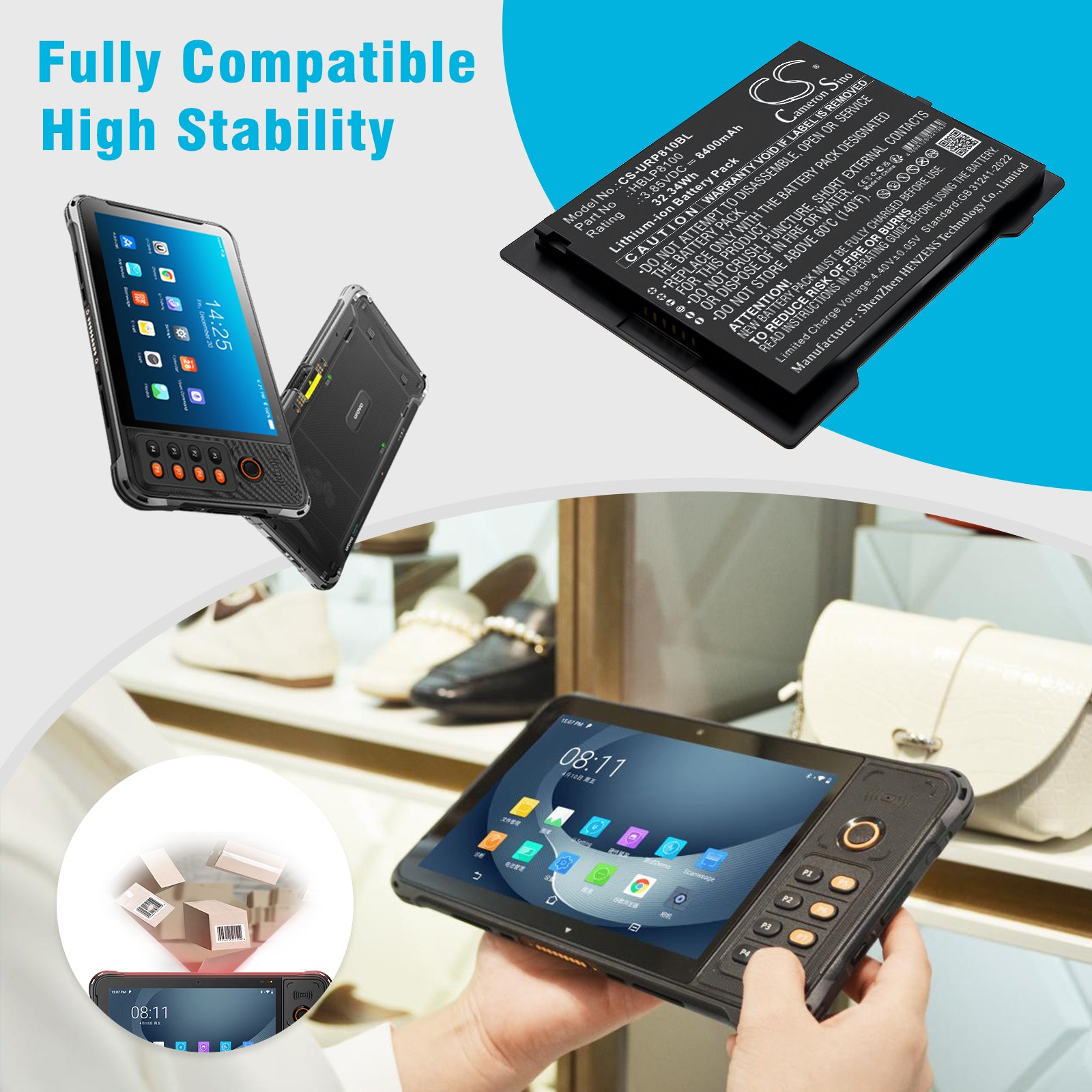 3.85V, Li-ion, 8400mAh, Battery fits Urovo P8100, 32.34Wh Barcode Scanner Cameron Sino Technology Limited