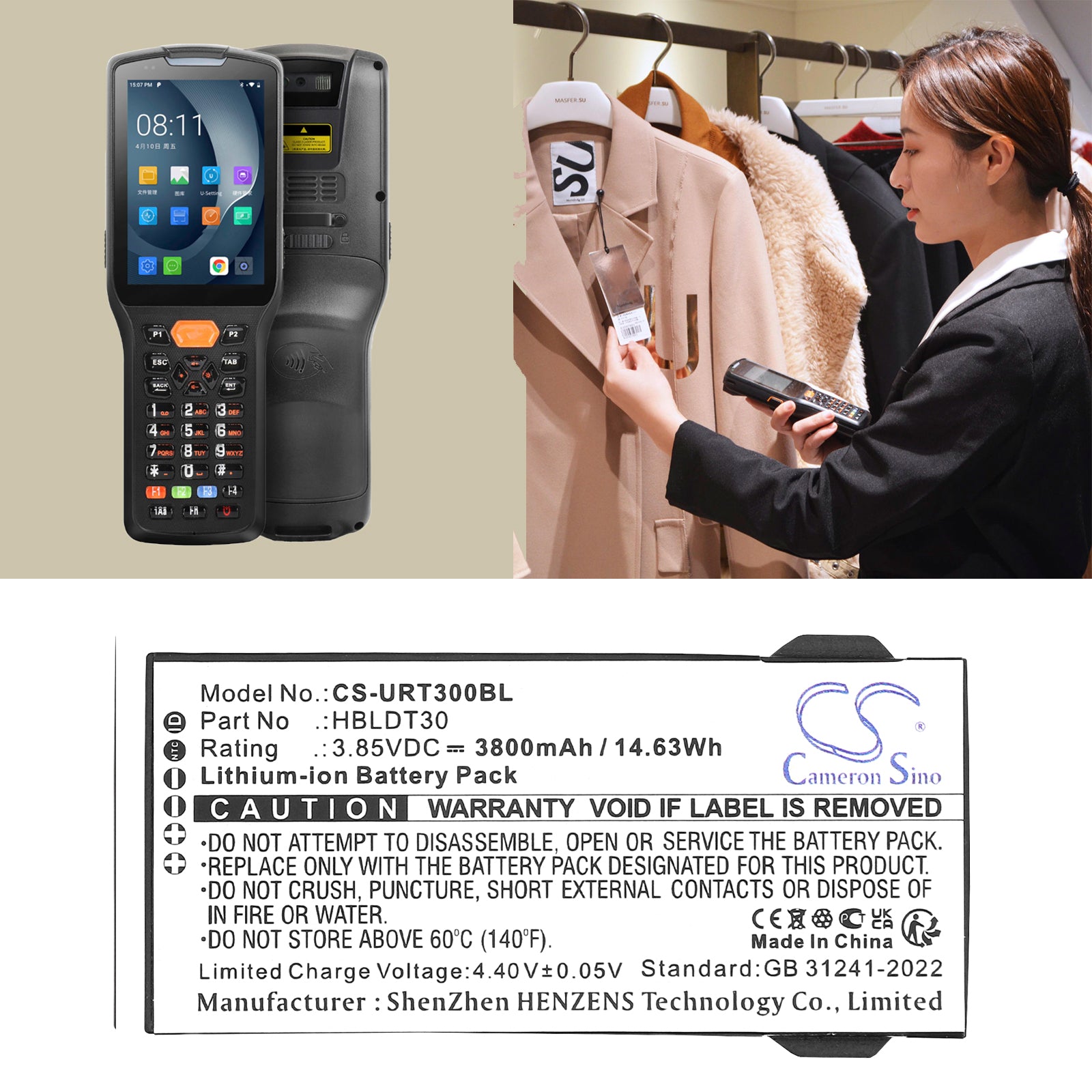 3.85V, Li-ion, 3800mAh, Battery fits Urovo DT30, 14.63Wh Barcode Scanner Cameron Sino Technology Limited
