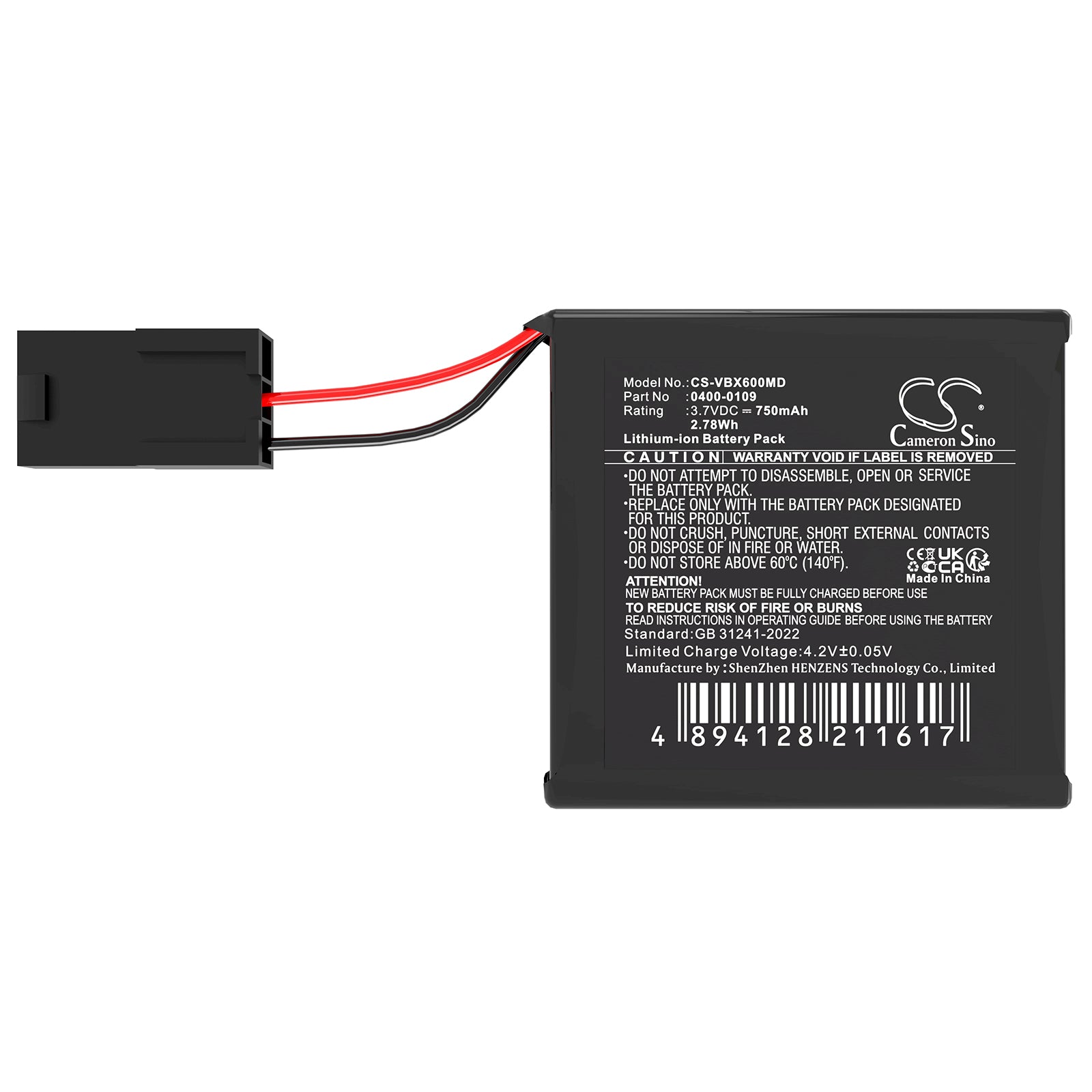 3.7V, Li-ion, 750mAh, Battery fits Verathon BVI 6100, BVI 6200, 2.78Wh Medical Cameron Sino Technology Limited