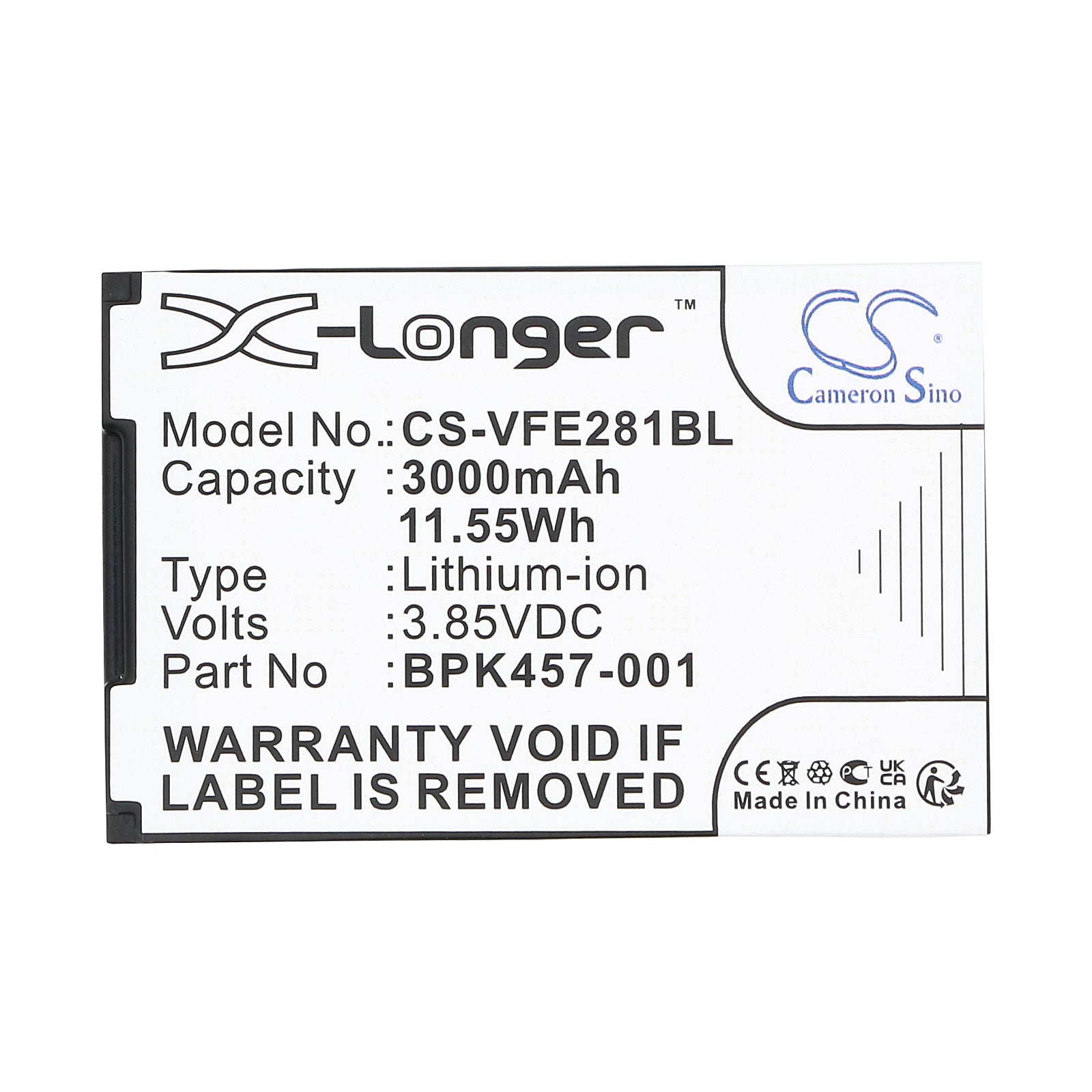 3.85V, Li-ion, 3000mAh, Battery fits VeriFone e280s, e280s V2, 11.55Wh Payment Terminal Cameron Sino Technology Limited