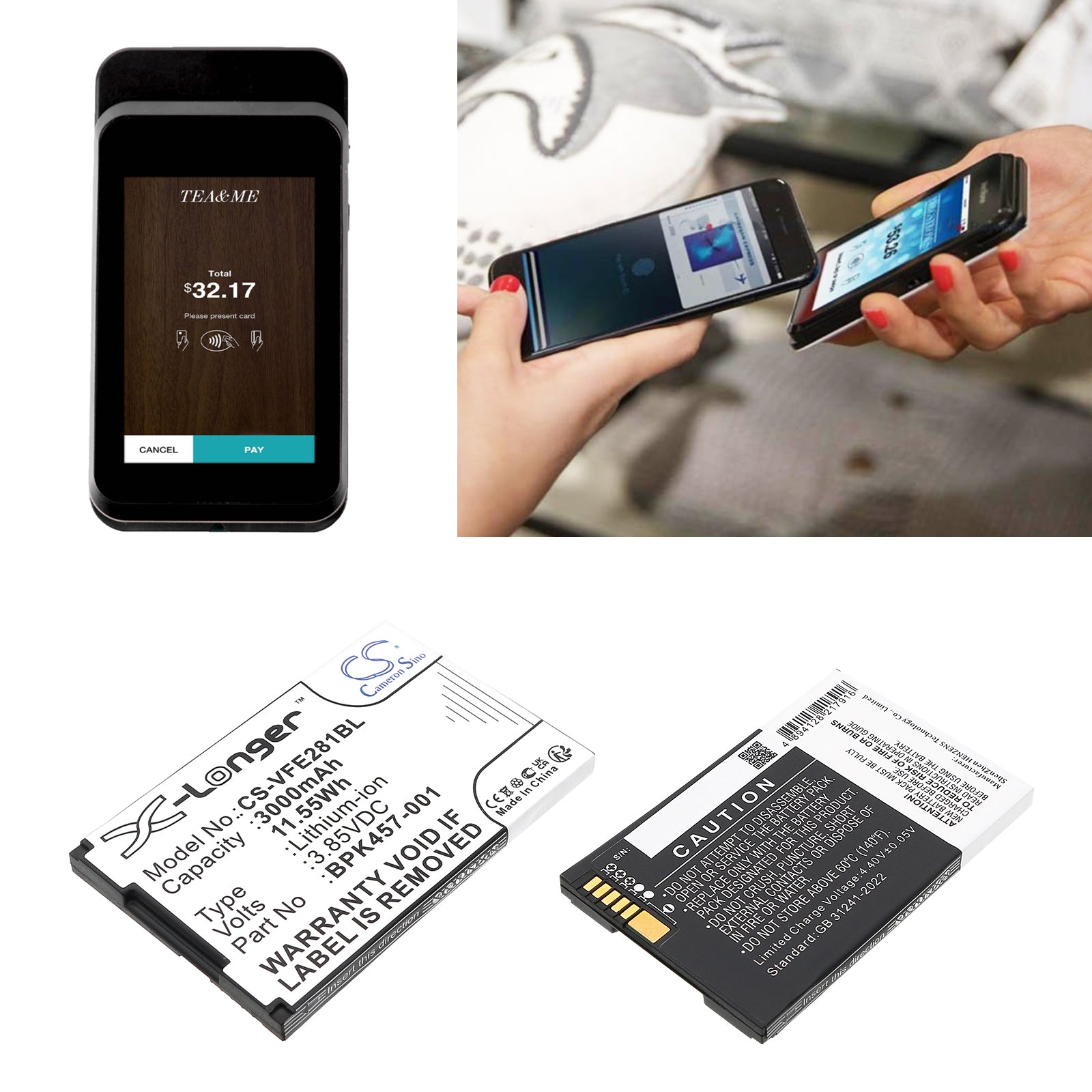 3.85V, Li-ion, 3000mAh, Battery fits VeriFone e280s, e280s V2, 11.55Wh Payment Terminal Cameron Sino Technology Limited