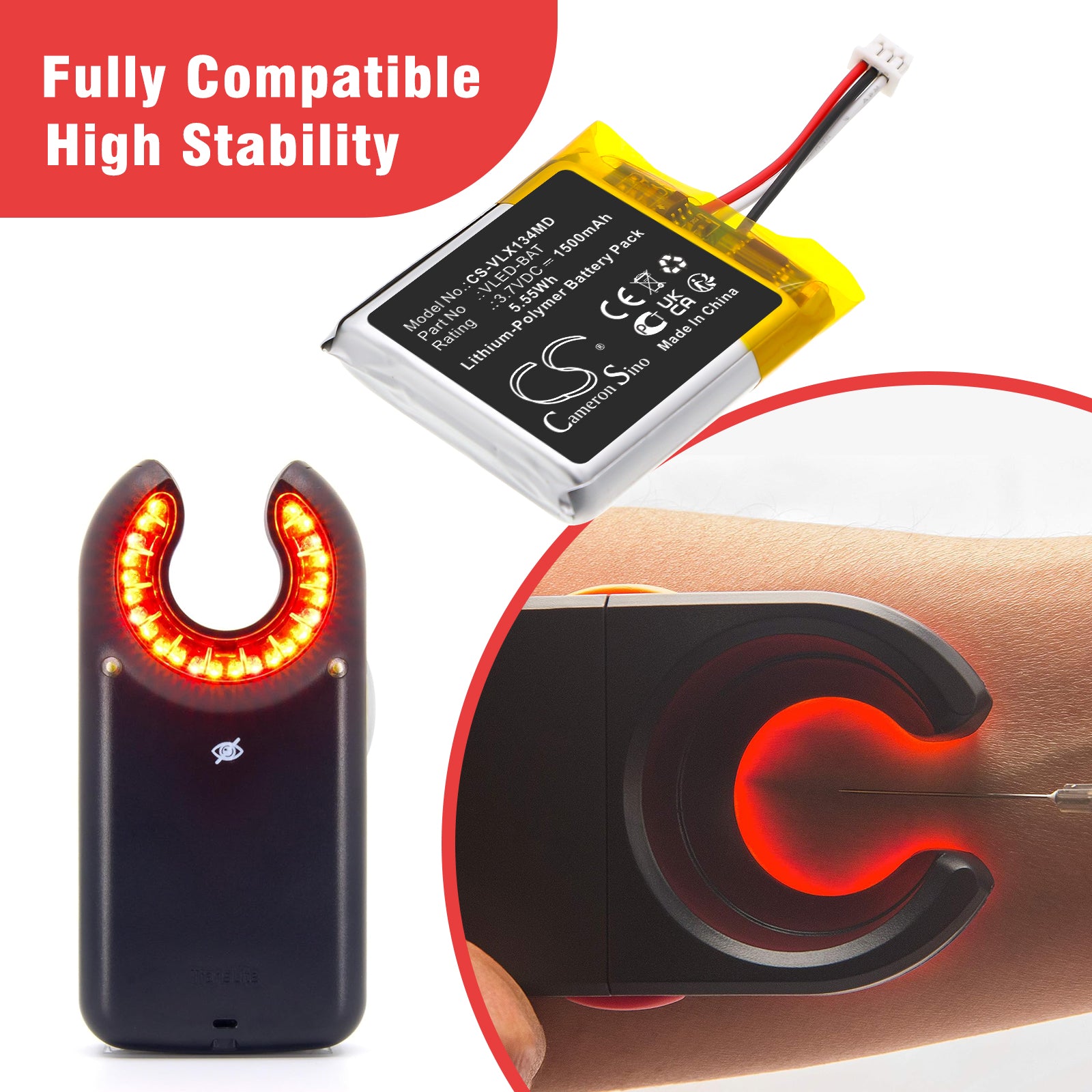 3.7V, Li-Polymer, 1500mAh, Battery fits TransLite EMS PRO IV LED Vein Finder, LED, 5.55Wh Medical Cameron Sino Technology Limited