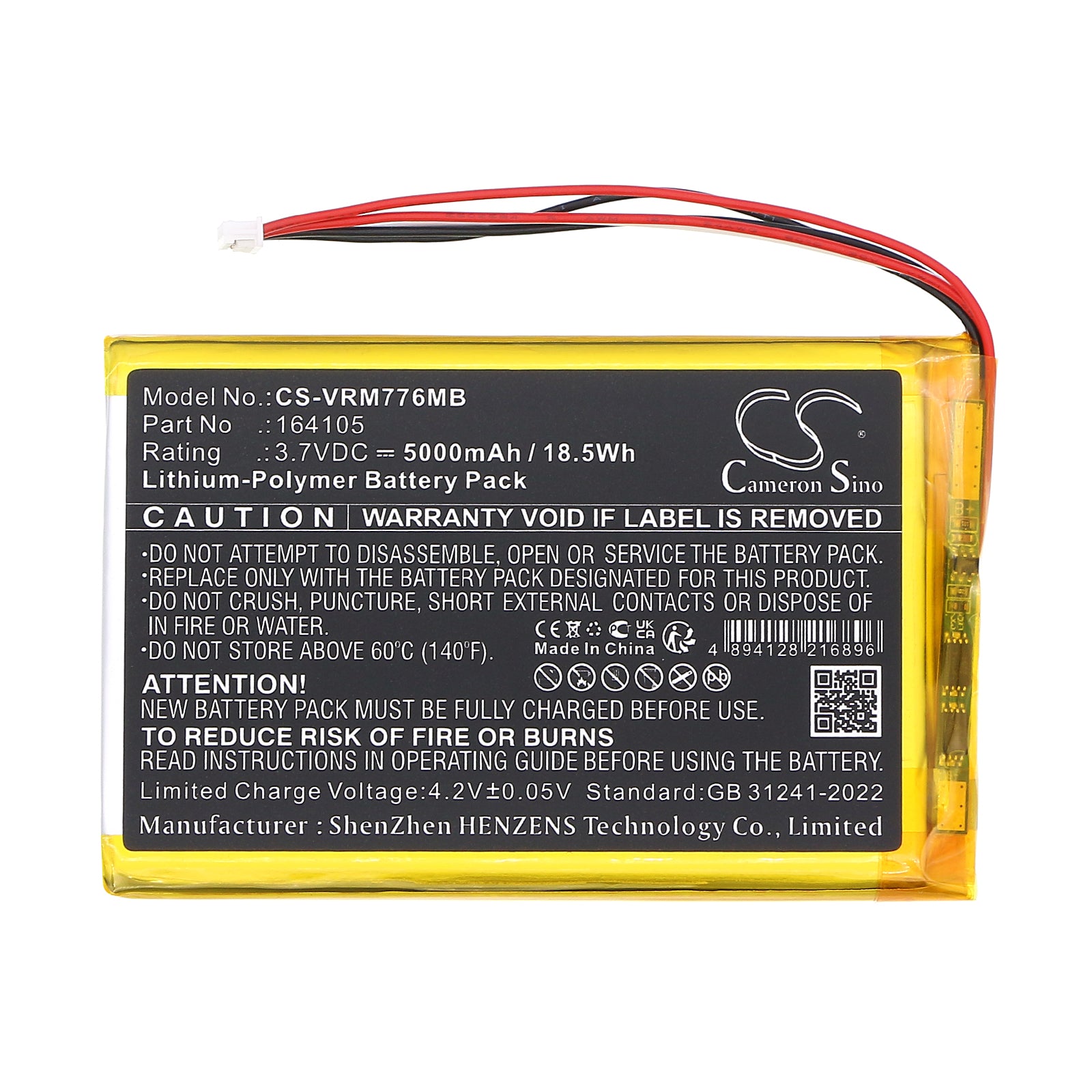 3.7V, Li-Polymer, 5000mAh, Battery fits V Tech LF915, LF920, 18.5Wh BabyPhone Cameron Sino Technology Limited