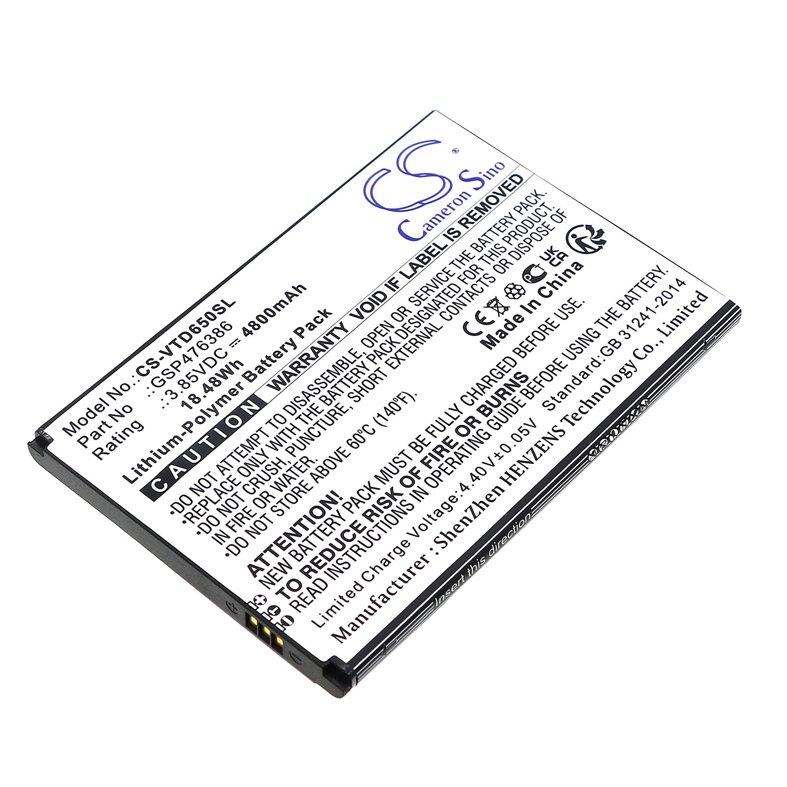 Li-Polymer, Mobile, SmartPhone Battery fits Vortex Hd65 +, Hd65plus, 3.85V, 4800mAh Mobile, SmartPhone Cameron Sino Technology Limited