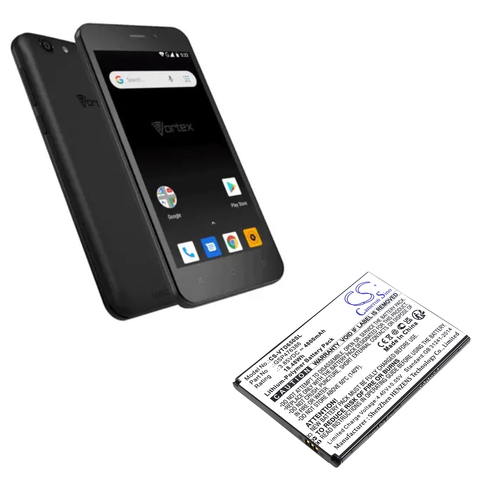 Li-Polymer, Mobile, SmartPhone Battery fits Vortex Hd65 +, Hd65plus, 3.85V, 4800mAh Mobile, SmartPhone Cameron Sino Technology Limited