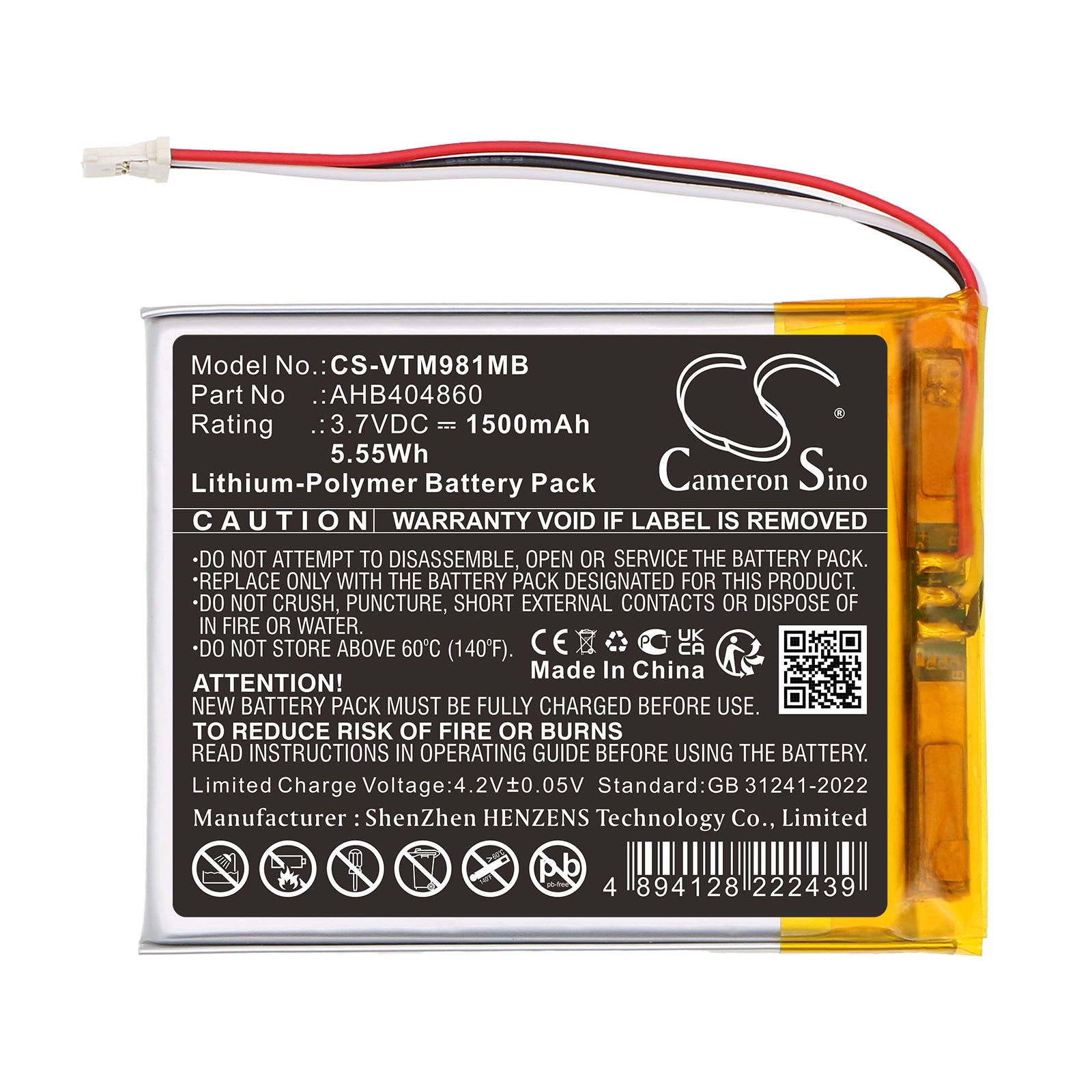 3.7V, Li-Polymer, 1500mAh, Battery fits V Tech VM981, VM991 PU Wi-Fi HD Video Monitor, 5.55Wh BabyPhone Cameron Sino Technology Limited