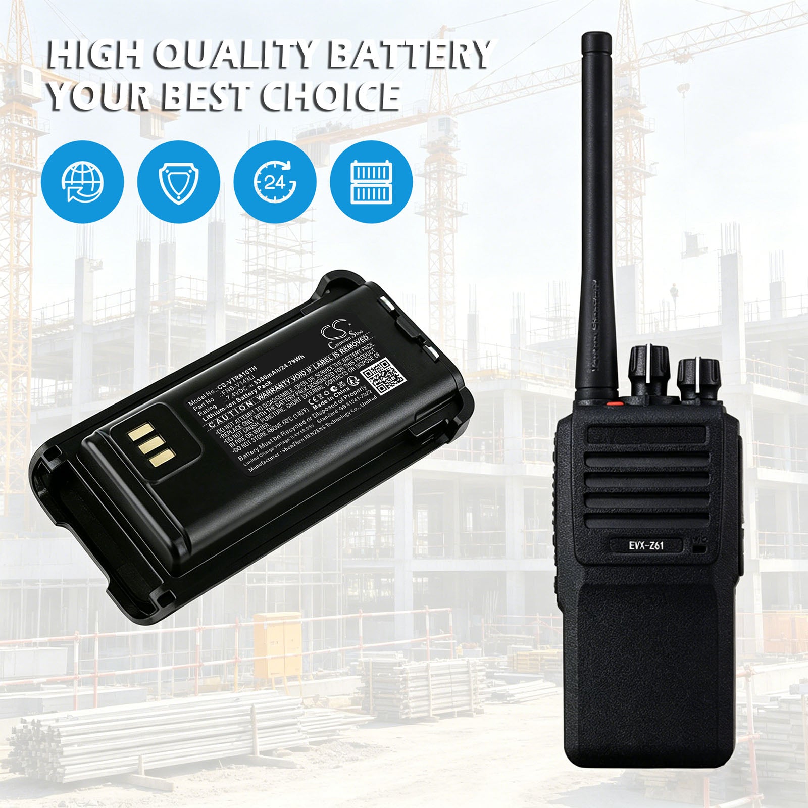 7.4V, Li-ion, 3350mAh, Battery fits BearCom BC250D | Vertex Standard EVX-Z61, EVX-Z69, 24.79Wh Two-Way Radio Cameron Sino Technology Limited